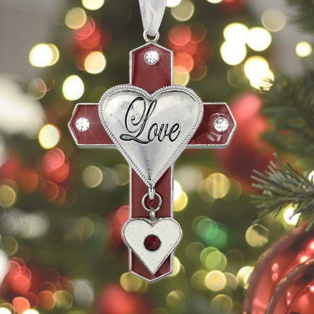 Enameled Cross Christmas Ornament with Clear Crystals & White Heart Charm - 3