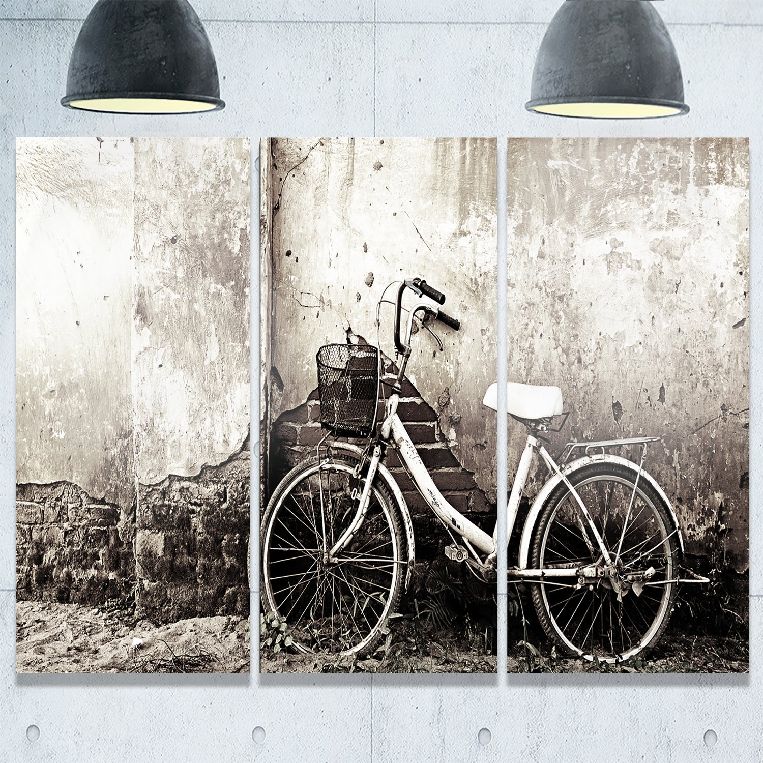 Vintage Bicycle & Cracked Wall Art Photography - 3 Panel Metal Wall Decor, 28