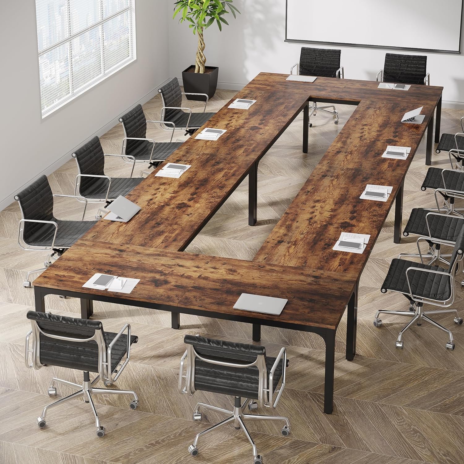 Tribesigns 78.74-Inch Large Rectangle Conference Table Set - 13FT Meeting Room Table for Office, Seminar & Business (4-Pack, Brown+Black, Chairs Not Included) - Perfect for Corporate Meetings, Team Brainstorming & Professional Workspaces