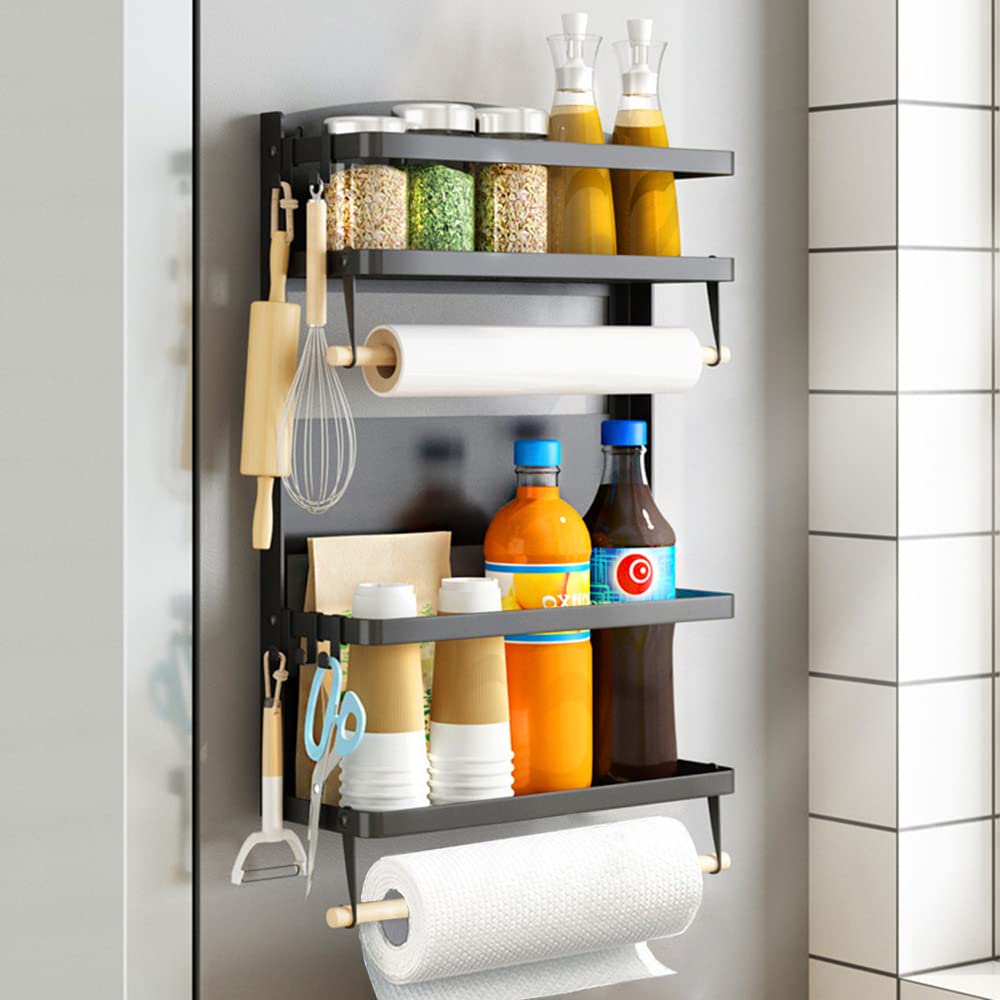 Vodoco Magnetic Spice Rack & Paper Towel Holder - 2-Tier Magnetic Shelf with 2 Roll Holders & 5 Removable Hooks - Kitchen Fridge Organizer (Large, Black) - Perfect for Small Spaces & Apartment Living