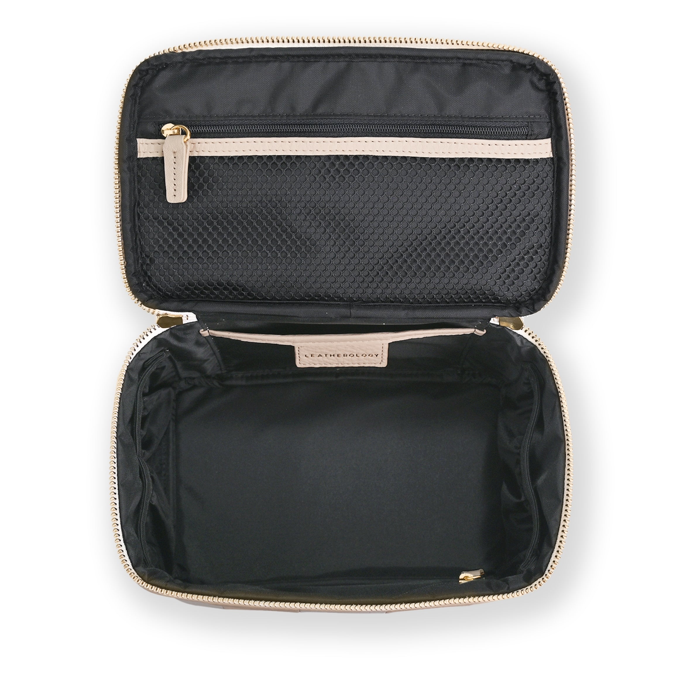 Professional Medium Train Case Makeup Organizer - Ivory/Sand Stripe Design | Perfect for Travel, Salon & Makeup Artists | Durable Cosmetic Storage with Mirror