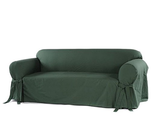 Dark Hunter Green Cotton Duck Sofa Slipcover - Relaxed Fit with Arms, Straight Skirts & Bowties - Home Decor Couch Cover for Living Room, Office or Dorm