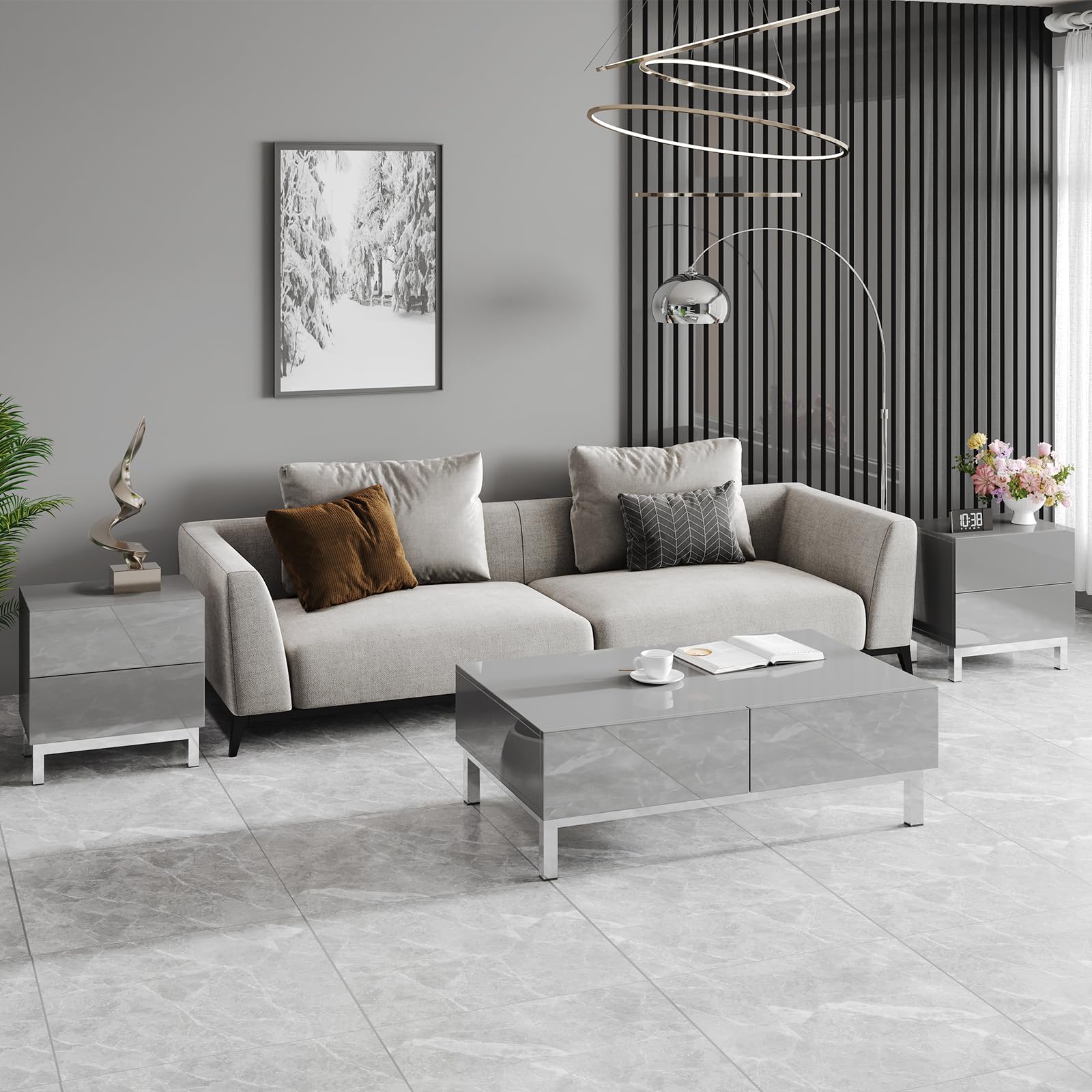 AMERLIFE High Gloss Electroplated 3-Piece Coffee Table Set - Modern Minimalist Living Room Furniture with Center Table & 2 End Tables, Rectangular Sofa Side Tables with Storage Drawers in Gray - Perfect for Small Spaces, Apartments and Contemporary Home Decor