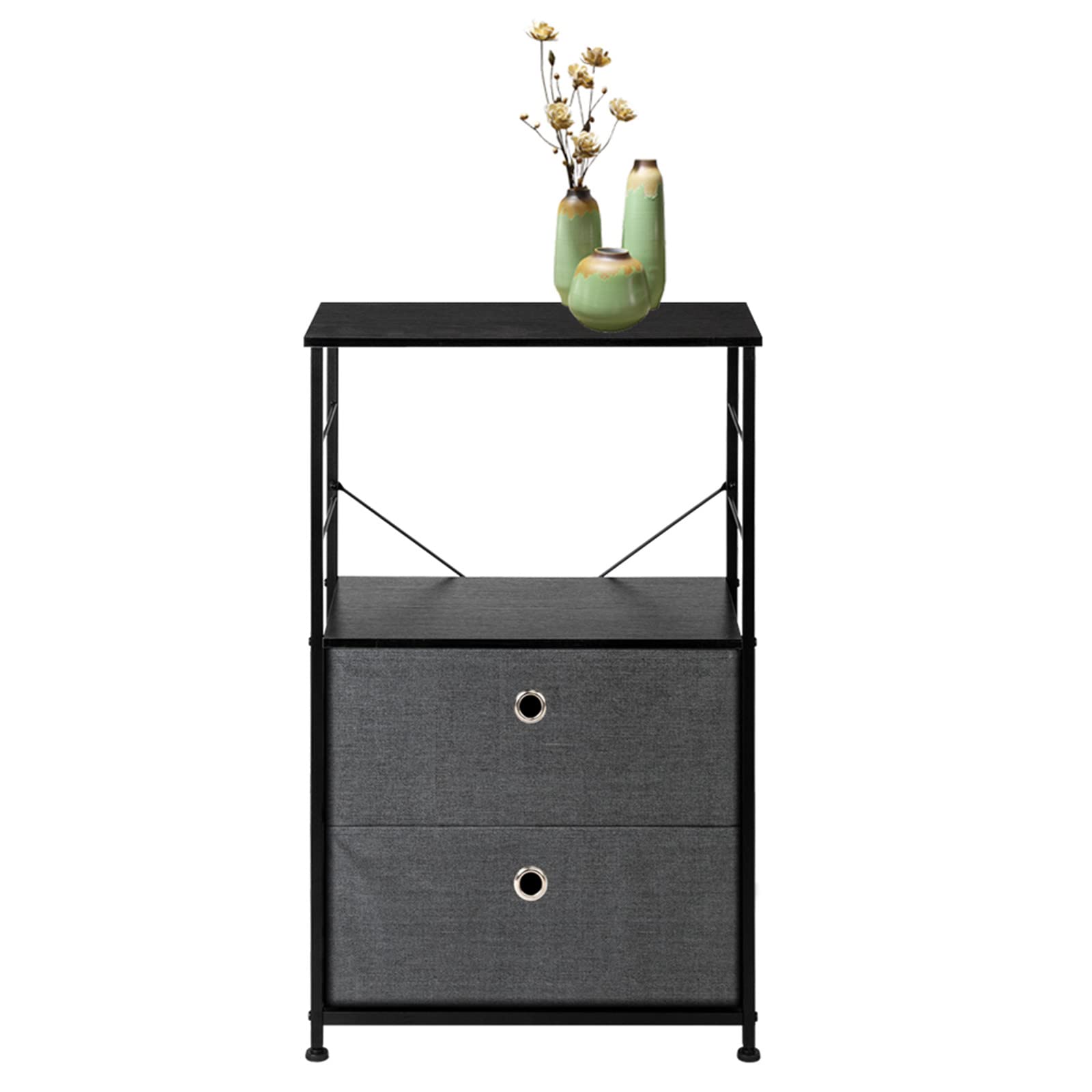 2-Drawer Nightstand with Wood Top & Steel Frame - Modern Bedside Table with Fabric Bins for Bedroom, Office, Dorm | Space-Saving Storage Solution for Small Spaces