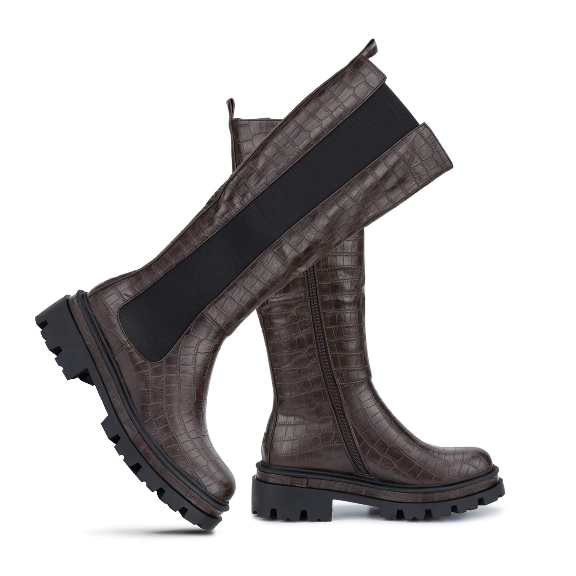 Torgeis Women's Quilted Combat Chelsea Boots - Slip On Ankle & Knee High Boots with Chunky Heel, Anti-Slip Lug Sole - Black/Beige/White - Perfect for Fall Fashion, Casual Wear, School, College, Goth Style & Comic Con Events