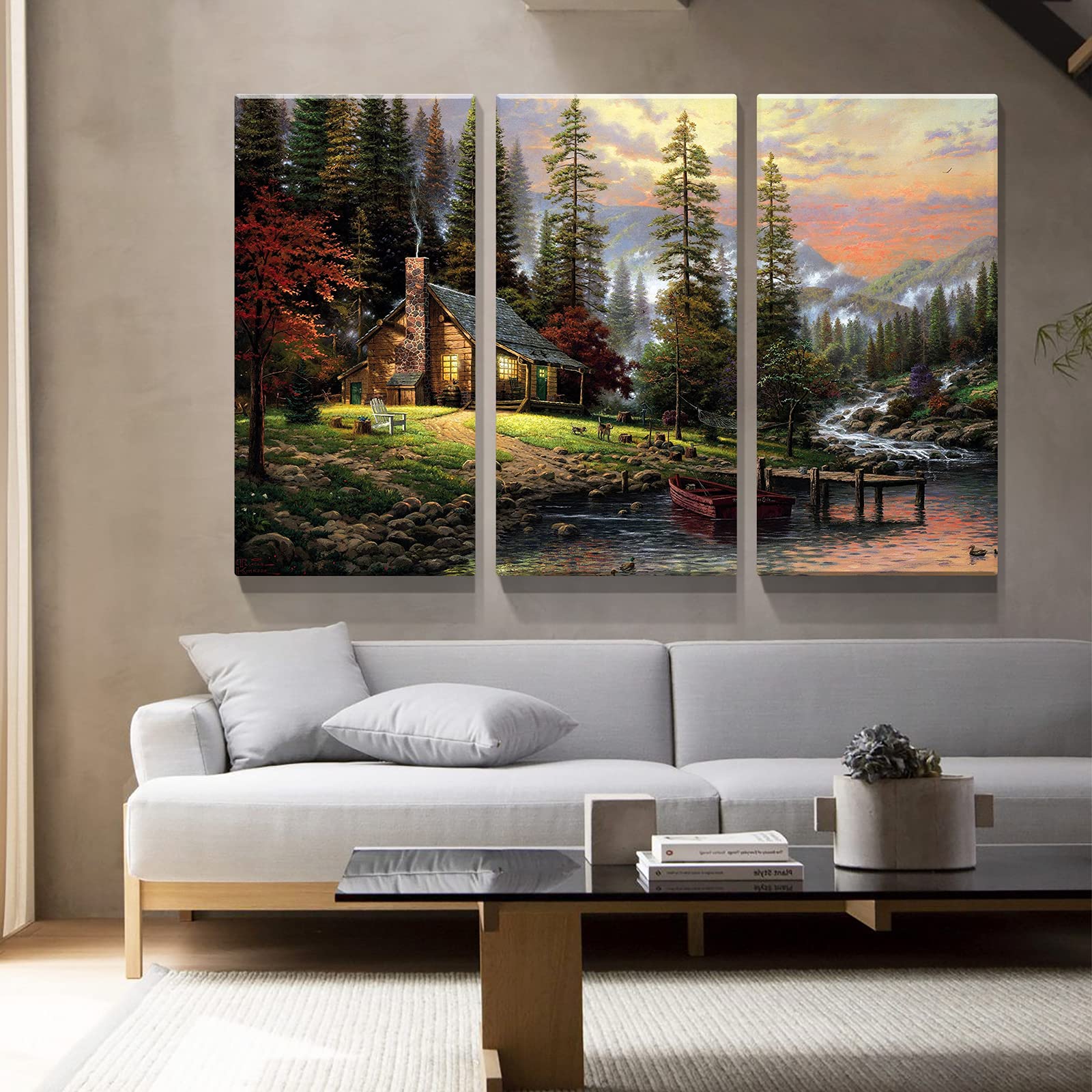 Denozer - 3 Panels Thomas Kinkade Garden Landscape Oil Painting Canvas Wall Art - Stretched & Framed Ready to Hang - 20
