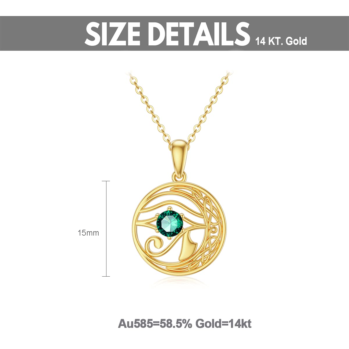 14K Gold Eye of Horus Necklace with Genuine Emerald - Irish Celtic Knot Pendant for Women, Elegant 16
