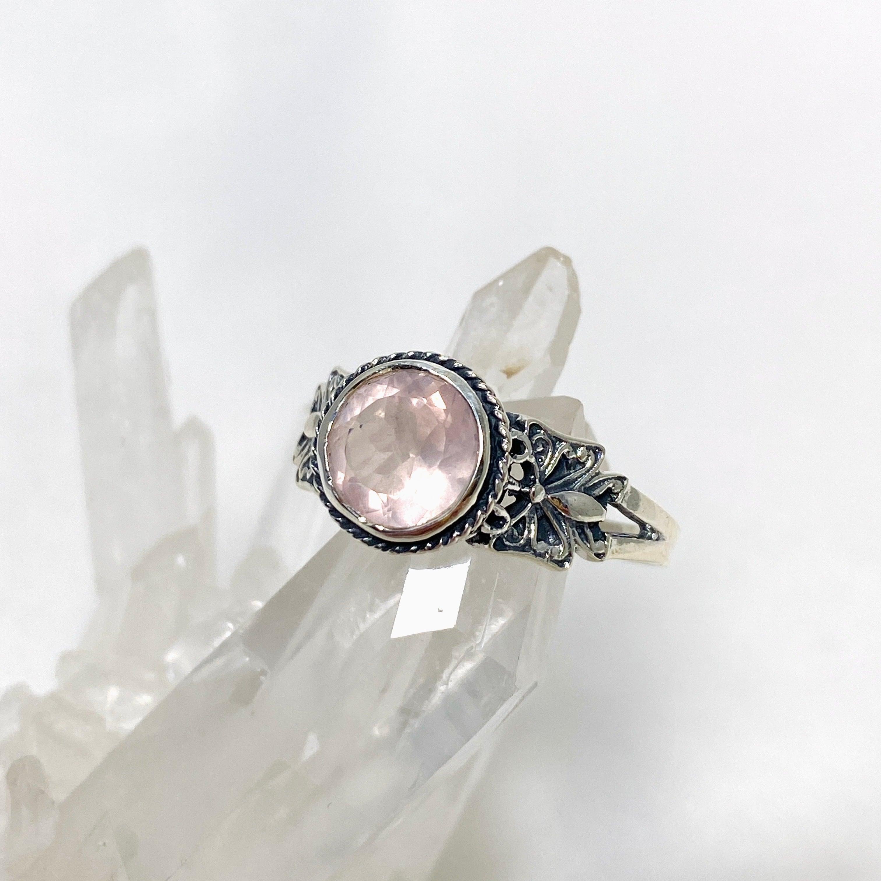 Rose Quartz Faceted Round Ring in Decorative Setting R3671 - Elegant Healing Crystal Jewelry for Women, Perfect for Meditation, Gifts & Spiritual Healing