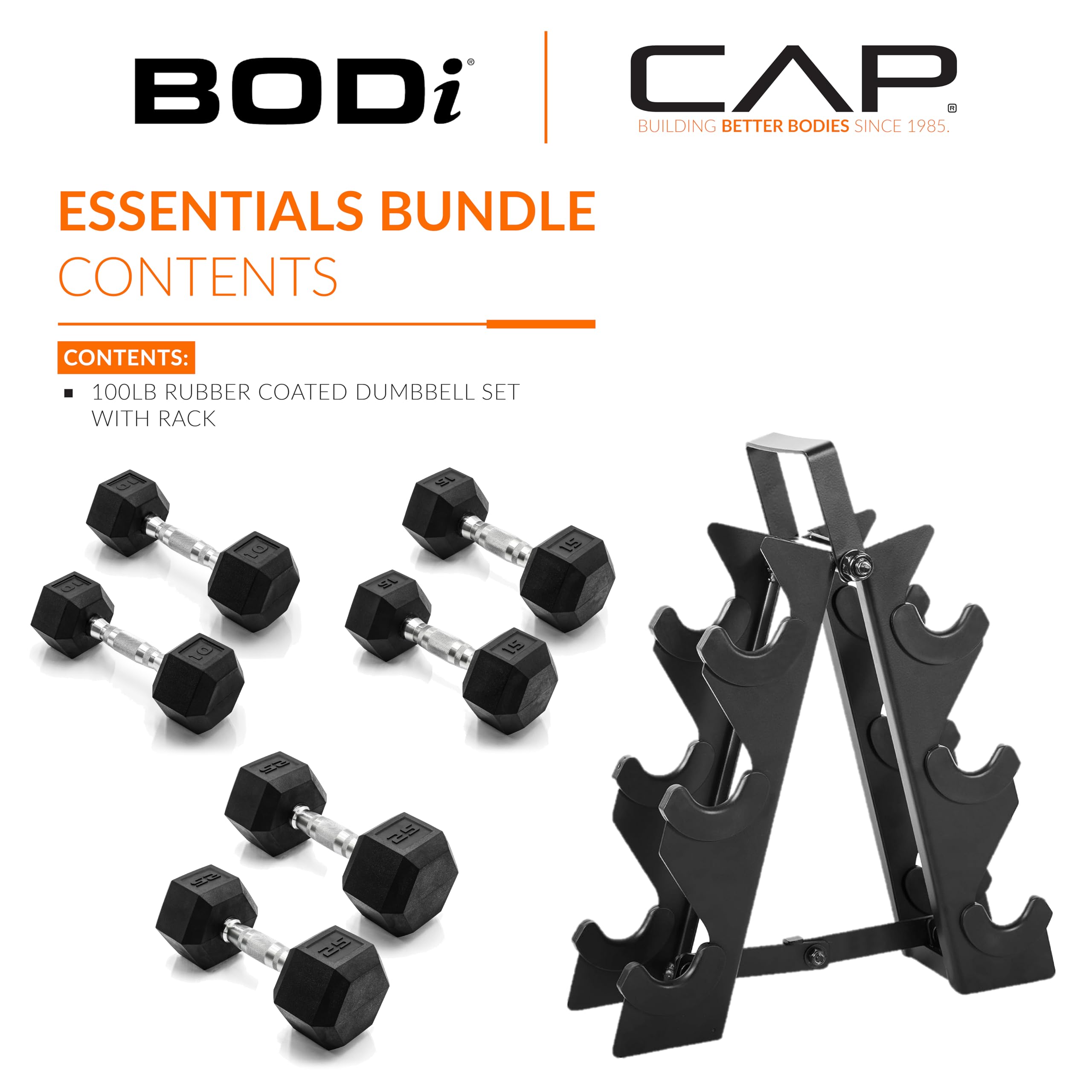 CAP Barbell & BODi Essentials Bundle - 100lb Coated Hex Dumbbell Weight Set with Vertical Rack for Home Gym & Strength Training