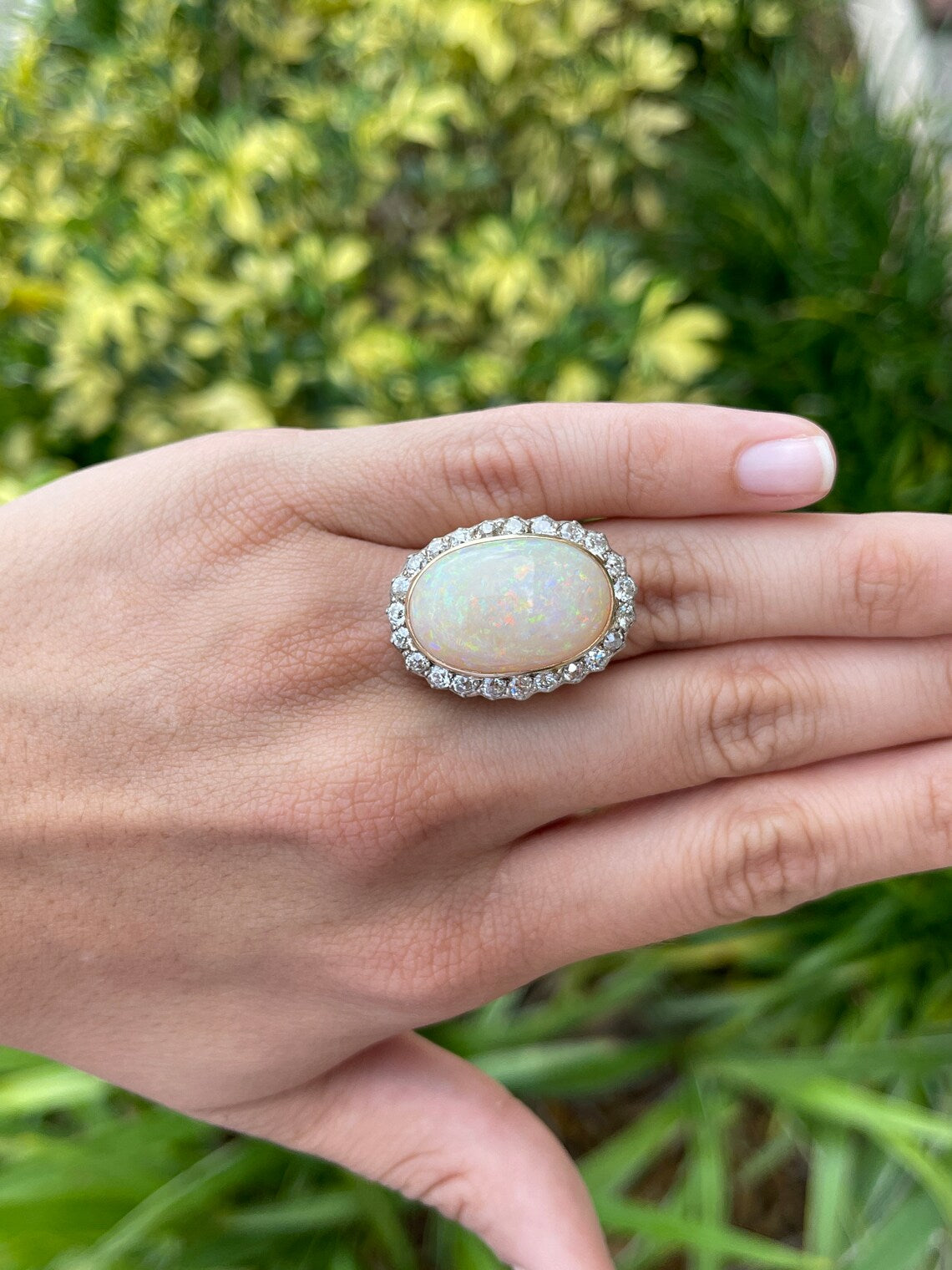 Antique Victorian 14K Gold Opal & OEC Diamond Statement Ring - 21.60tcw Vintage 1900s Jewelry for Weddings, Anniversaries & Special Occasions