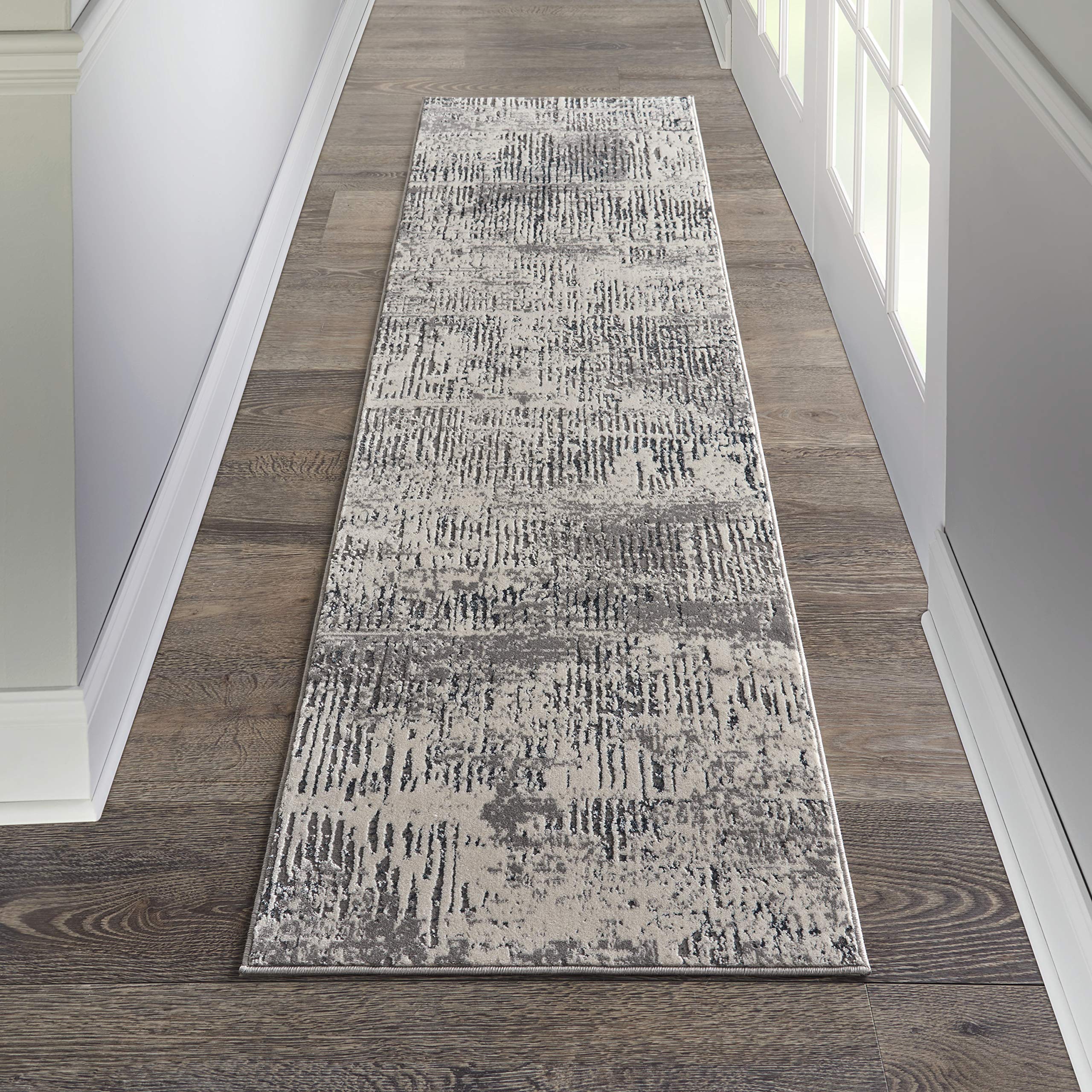 Michael Amini MA90 Uptown Abstract Ivory/Grey 8' Runner Area Rug, 2'2