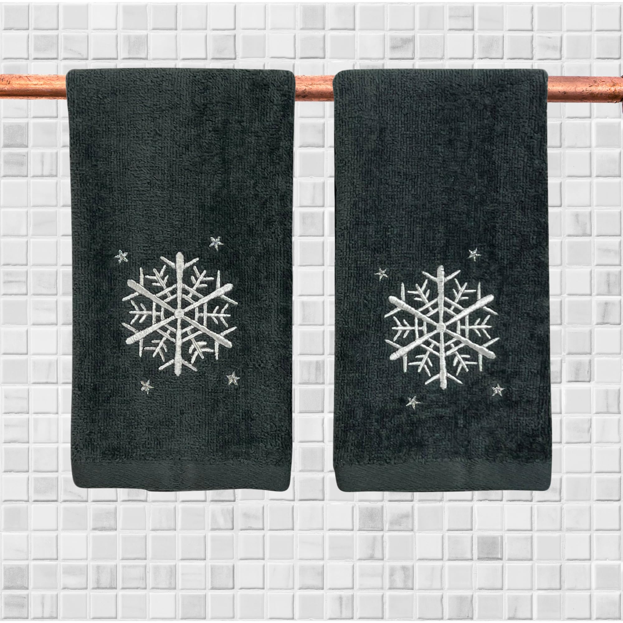 Snowflake Design Grey Holiday Fingertip Bathroom Guest Towels - Set of 2, 12x18 Inches, 100% Cotton - Perfect for Christmas Decor, Guest Bathrooms & Winter Home Accents
