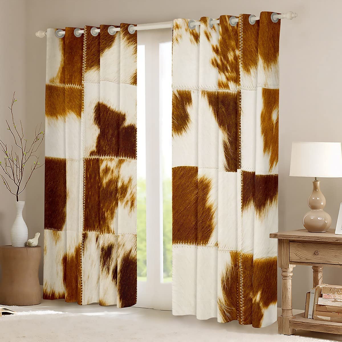 Brown Cow Print Window Curtains 2 Panels 38x45 Inches - Western Cowhide Patchwork Drapes for Farmhouse, Rustic Bedroom & Kids Room Decor | Farm Animal Themed Window Treatments for Boys, Girls & Adults | Perfect for Country Style Homes, Ranch Decor & Western Themed Nurseries