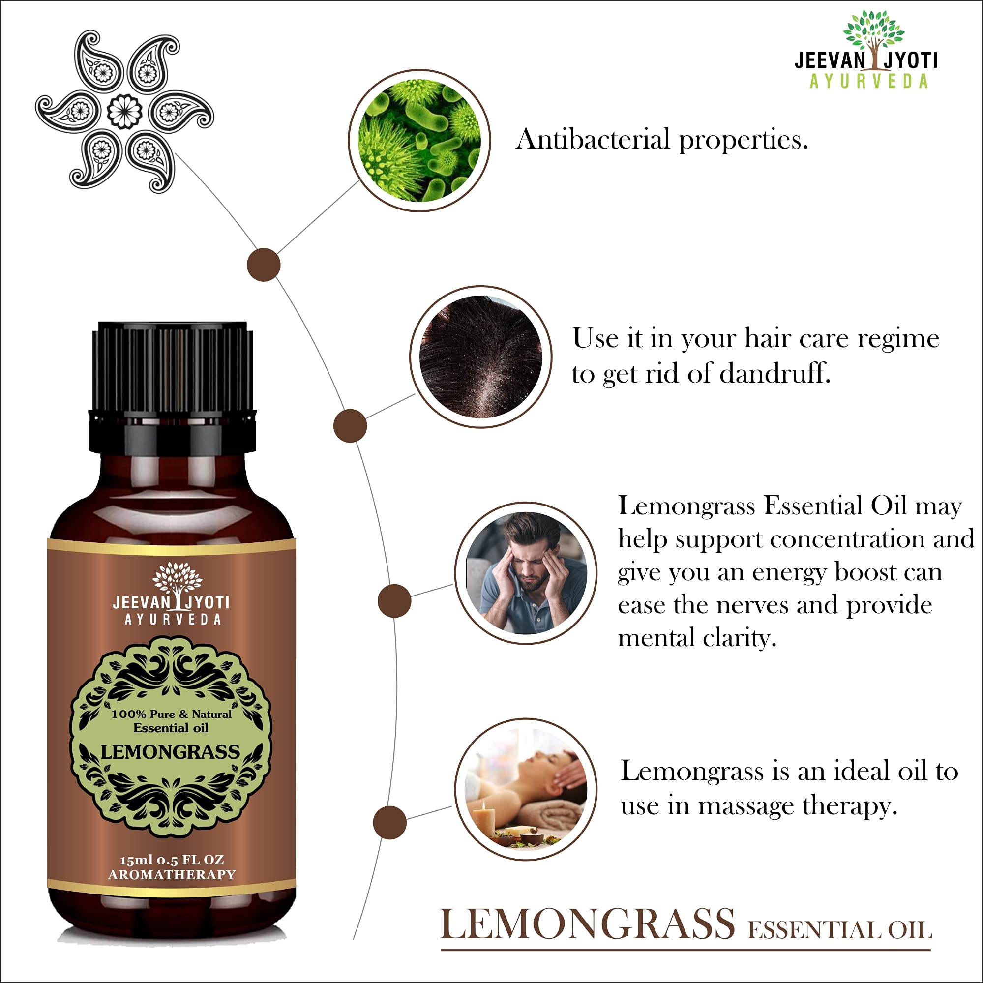 Pure Lemongrass Essential Oil 15ml - 100% Natural & Therapeutic Grade for Aromatherapy, Massage & Stress Relief - JEEVAN JYOTI AYURVEDA (Pack of 1)