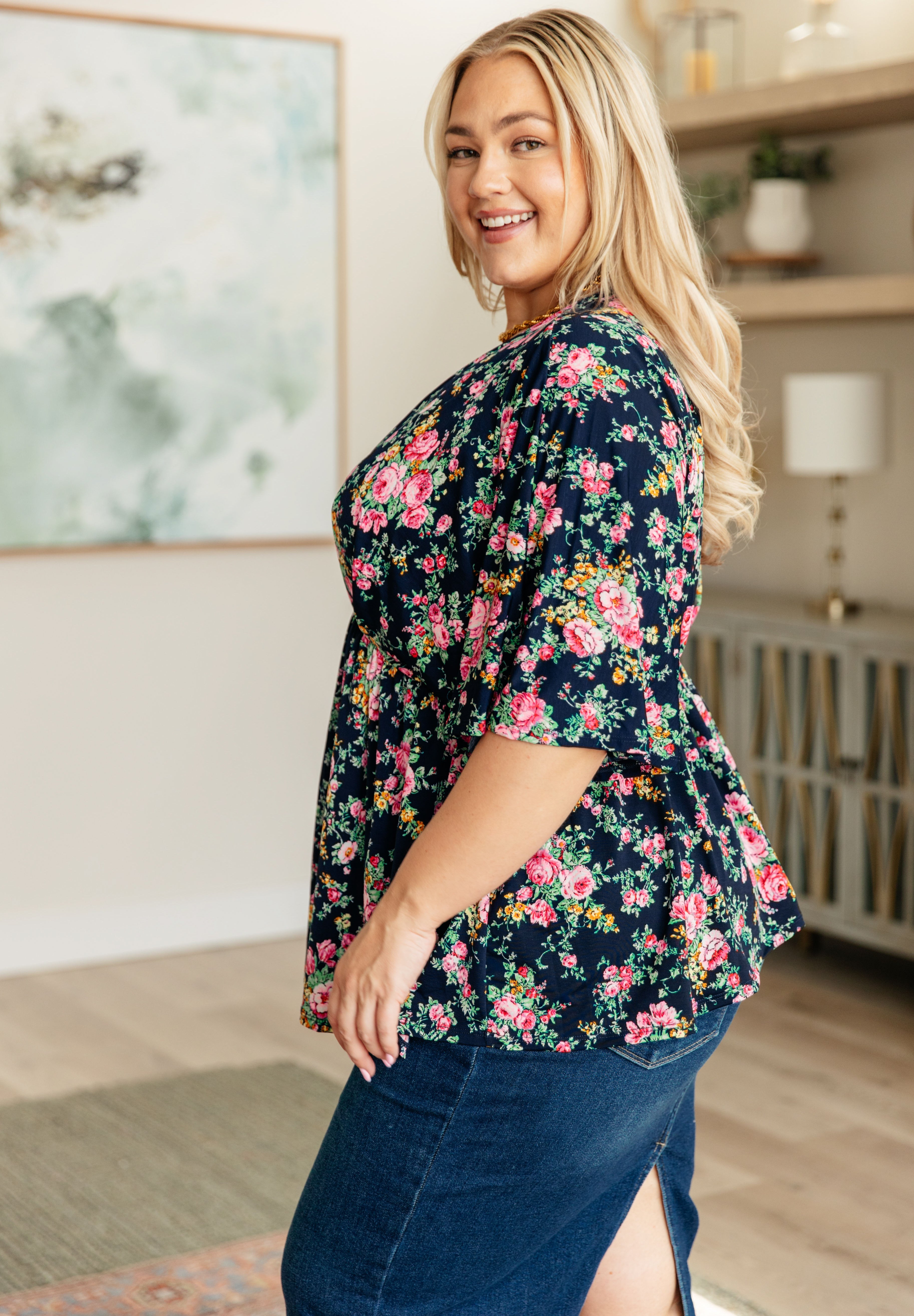 Vintage Floral Print Women's Tops - Navy & Pink Bouquet Design for Casual Wear, Date Night & Summer Outfits