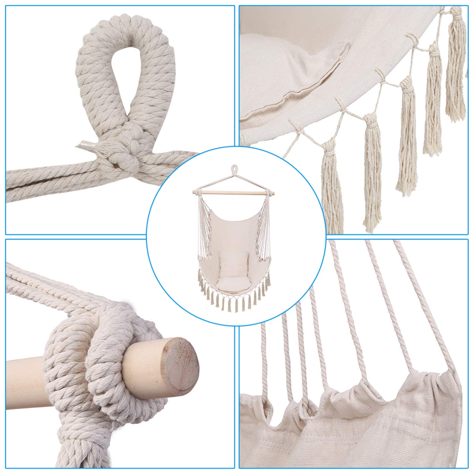 Beige Tassel Hanging Chair with Cushions - Indoor/Outdoor Hammock Swing for Bedroom, Garden, Yard, Patio & Porch - Perfect Relaxation & Boho Decor