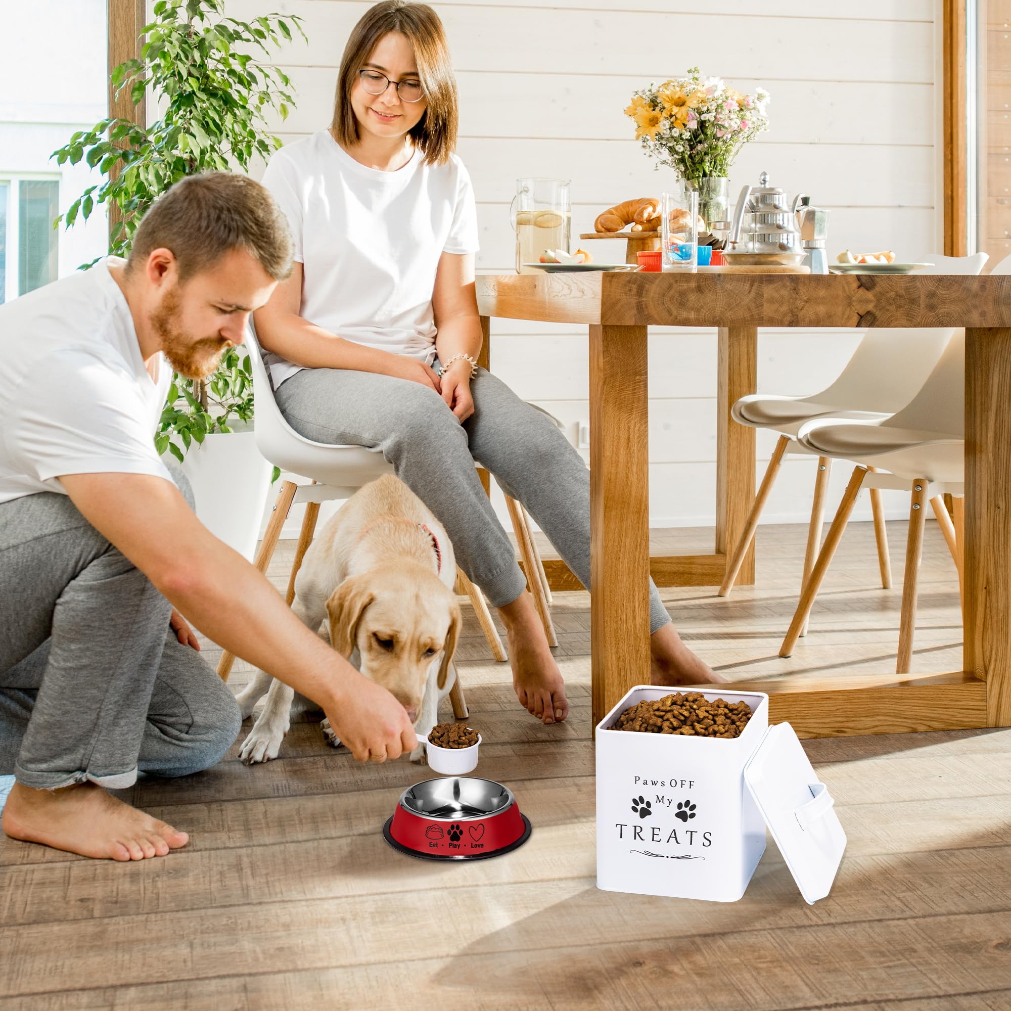 Meraki Home Small Dog Food Container with Tight Lid - Includes Feed Scoop & Pet Bowl - Farmhouse Style Metal Storage Bin for Dry Dog Food & Treats - Glossy White - Perfect for Kitchen Pantry or Pet Feeding Station Organization