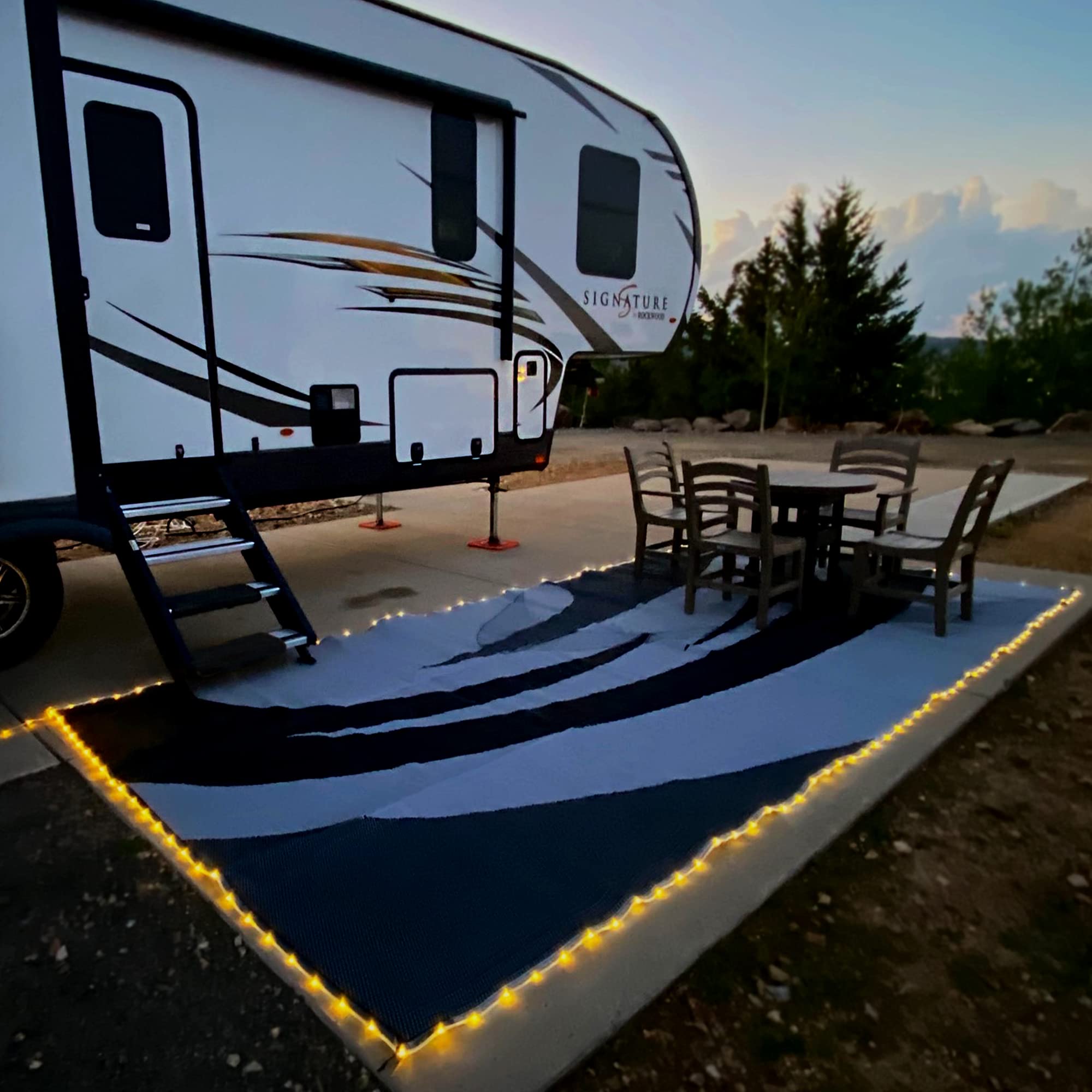 Premium 8ft x 18ft LED Illuminated Outdoor Patio Mat - Waterproof Camping Rug for RV, Backyard, Deck & Poolside - Stylish Black/White Design - Weather-Resistant & Durable for All Seasons
