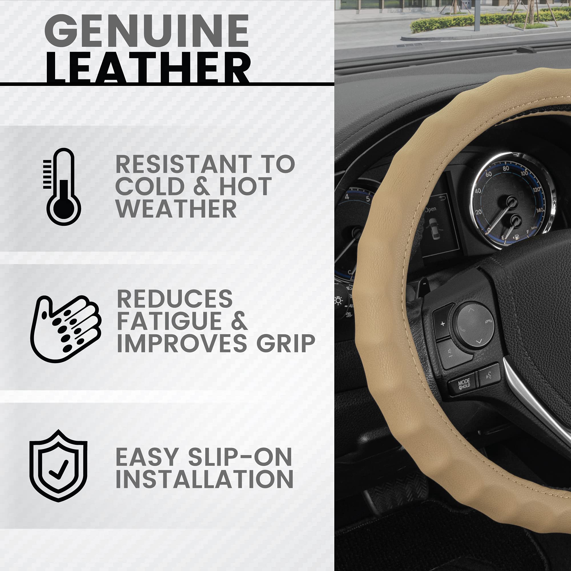 Premium BDK Beige Leather Steering Wheel Cover - Universal Fit 15.5