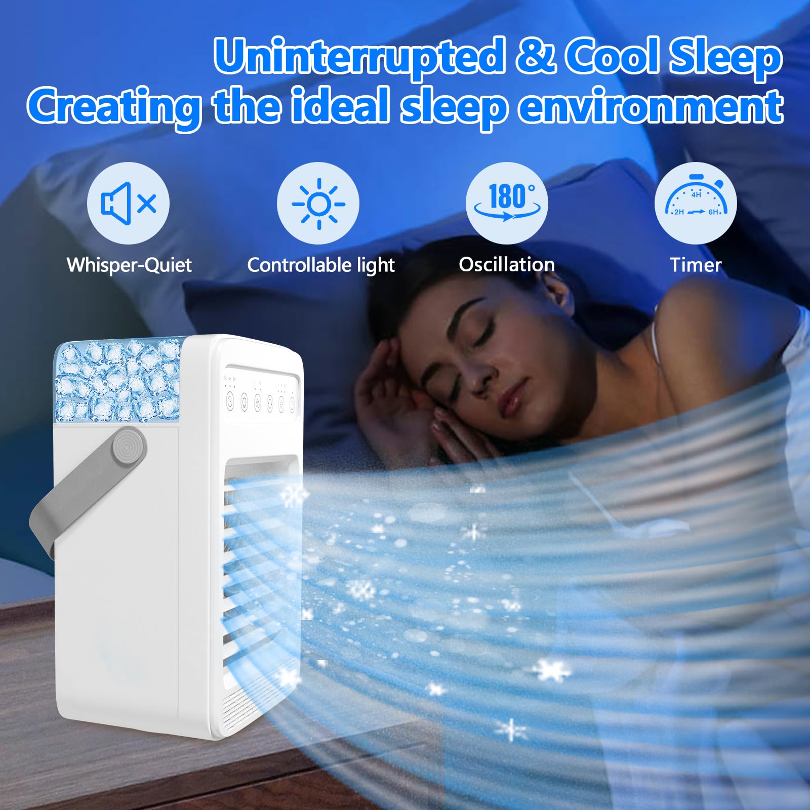 Portable Air Conditioner with 180° Oscillation - 4 Wind Speeds, Built-in Ambient Light & Large Water Tank - Mini AC Unit for Room, Kitchen, Office, Desk - Perfect for Home, Work & Outdoor Use