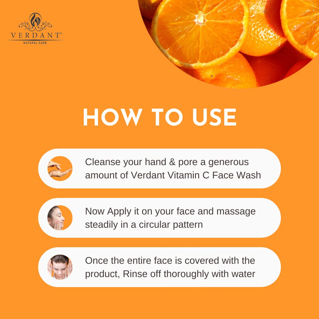 Verdant Natural Care Vitamin C Face Wash 100ml - Brightening & Antioxidant Facial Cleanser for Glowing Skin | Daily Skincare Routine, Morning & Night Use