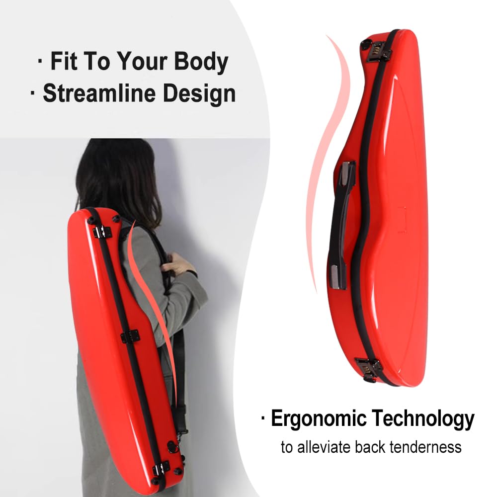 Yinfente 4/4 Full Size Carbon Fiber Violin Case - Lightweight 1.9kg Half Round Shape with Shoulder Strap, Combination Lock & Accessories Bag (Red) - Perfect for Professional Musicians, Students & Travel Protection