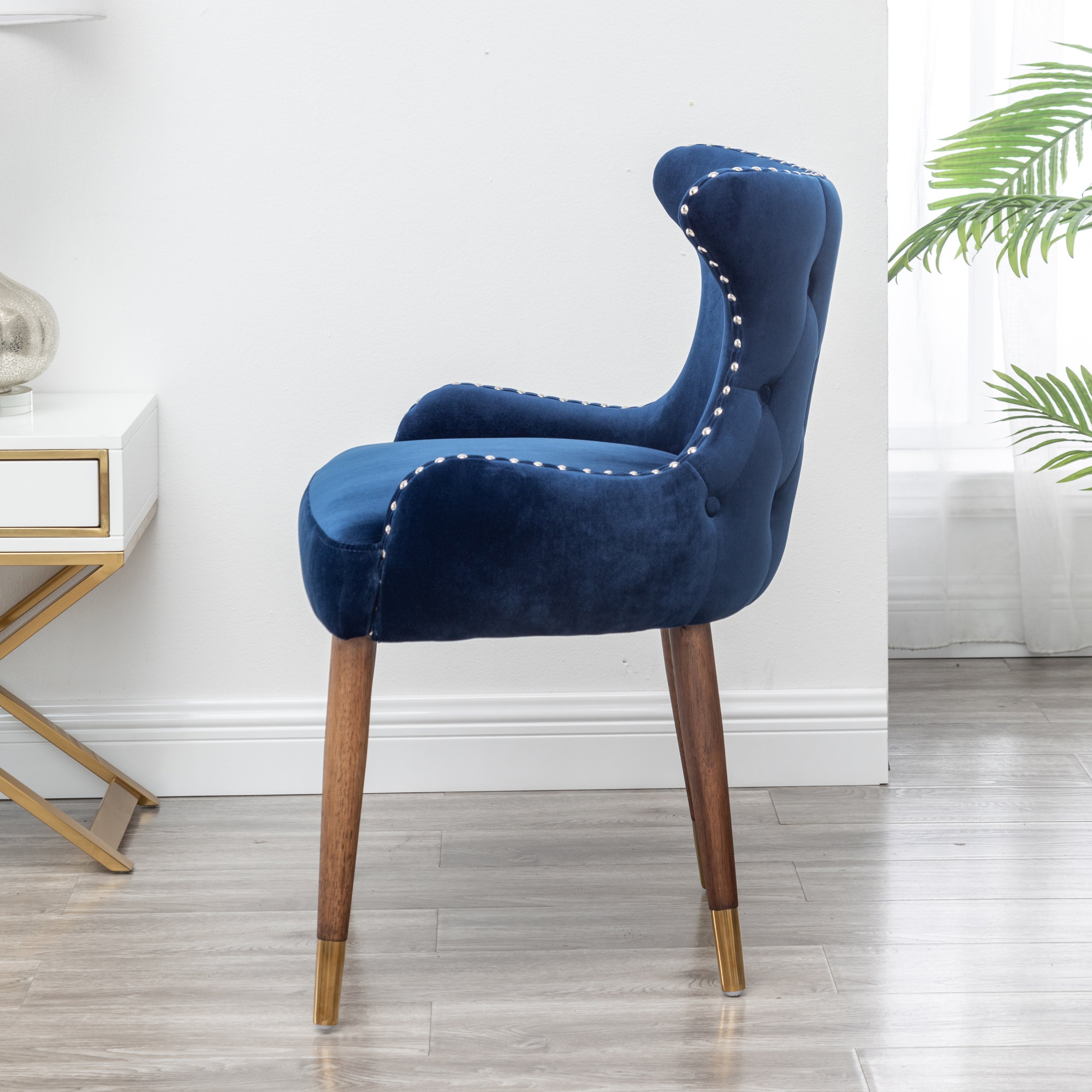 Roundhill Furniture Lindale Contemporary Velvet Upholstered Accent Chair with Nailhead Trim - Navy Blue Velvet Living Room Chair for Bedroom, Office & Lounge Decor