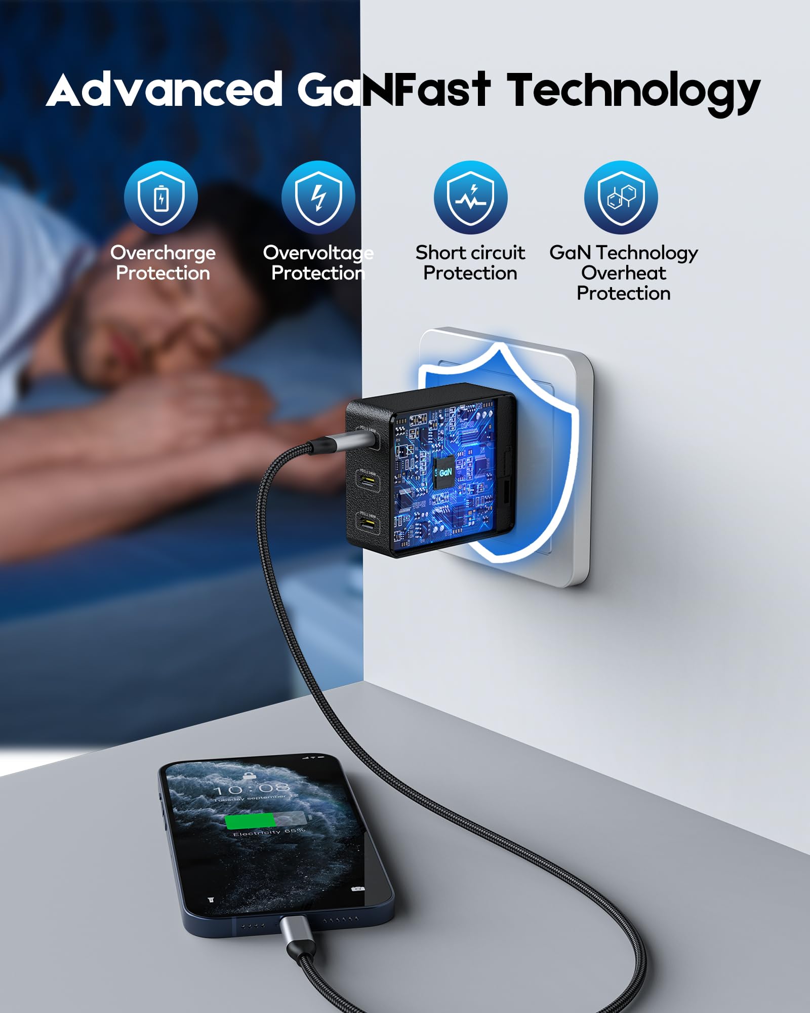 140W USB C GaN Charger PD3.1 Fast Charging, 3-Port Foldable Wall Charger for Laptop (MacBook Air/Dell/Lenovo/Chromebook), Tablet (iPad Pro), Phone (iPhone 15/14/Pro, Galaxy S22/21, Pixel) - Compact Travel & Home Office Charging Solution (Black)