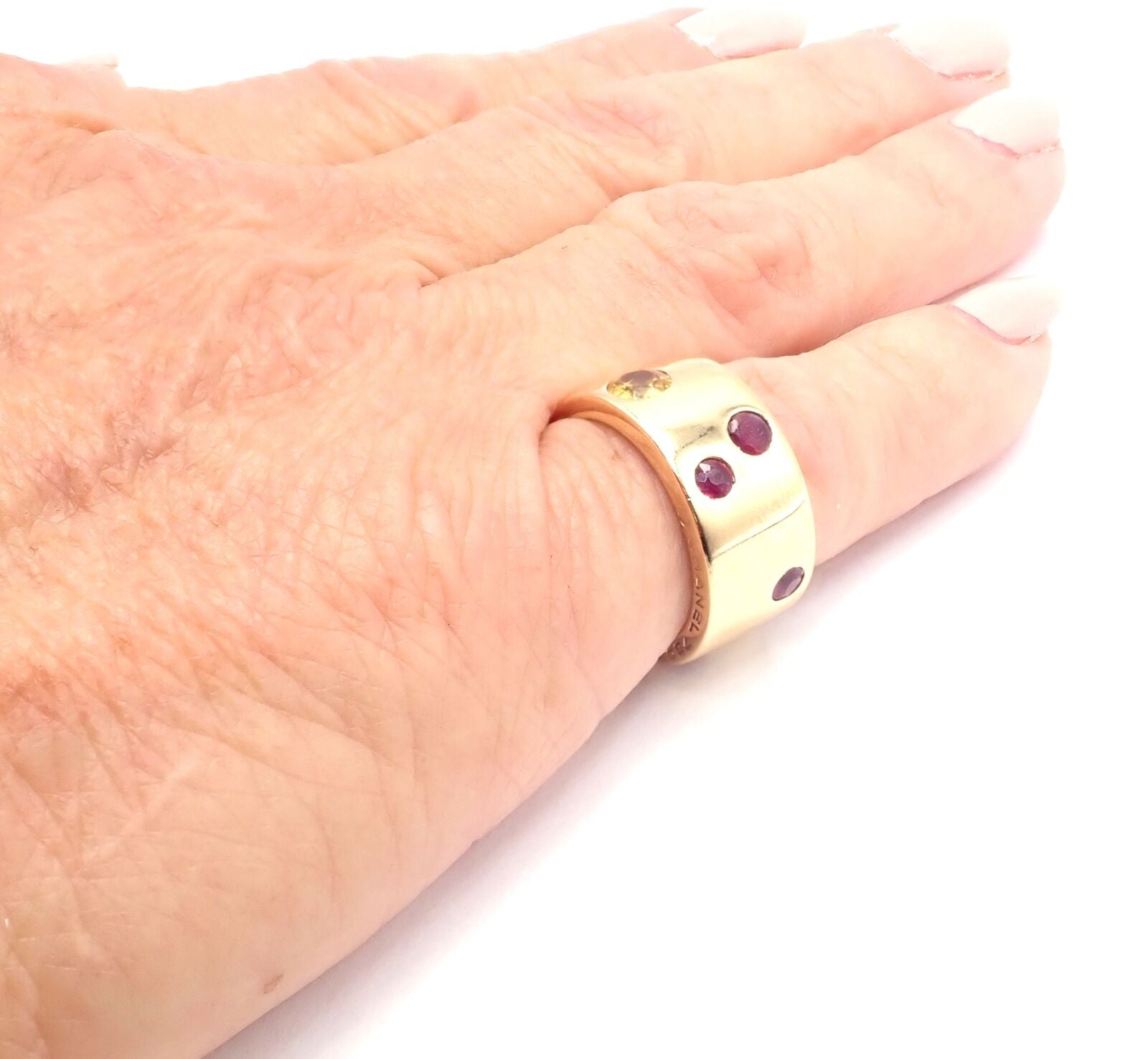 Authentic Chanel 18k Yellow Gold Ruby & Yellow Sapphire Wide Band Ring - Size 5 | Luxury Fashion Jewelry for Women, Perfect for Weddings, Parties & Special Occasions