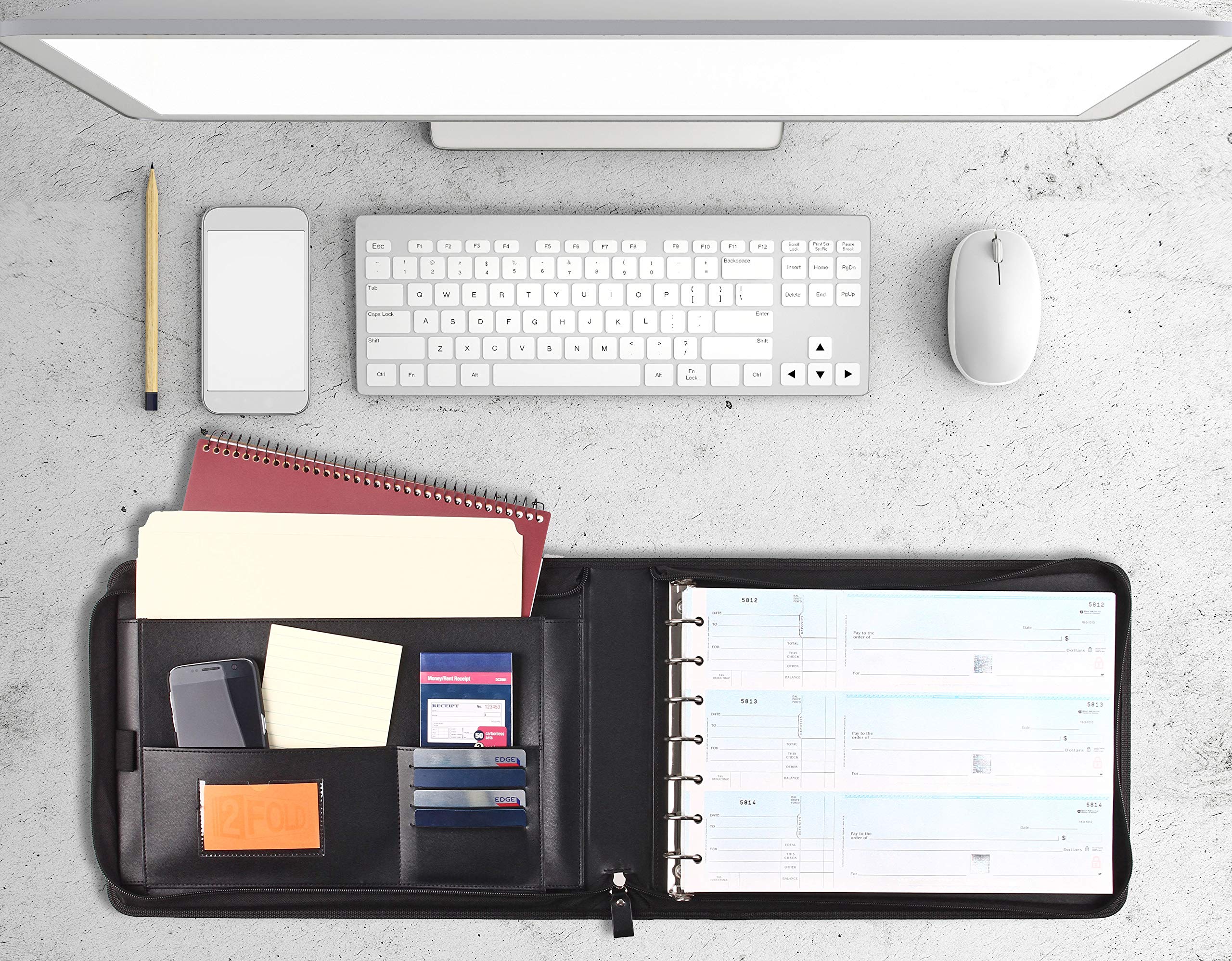 Premium 2Fold PU Leather Binder Portfolio - 7 Ring Business Check Organizer with Built-in Card Holder - Holds 600 3-Up Checks (Black) - Perfect for Accountants, Small Business Owners & Office Professionals