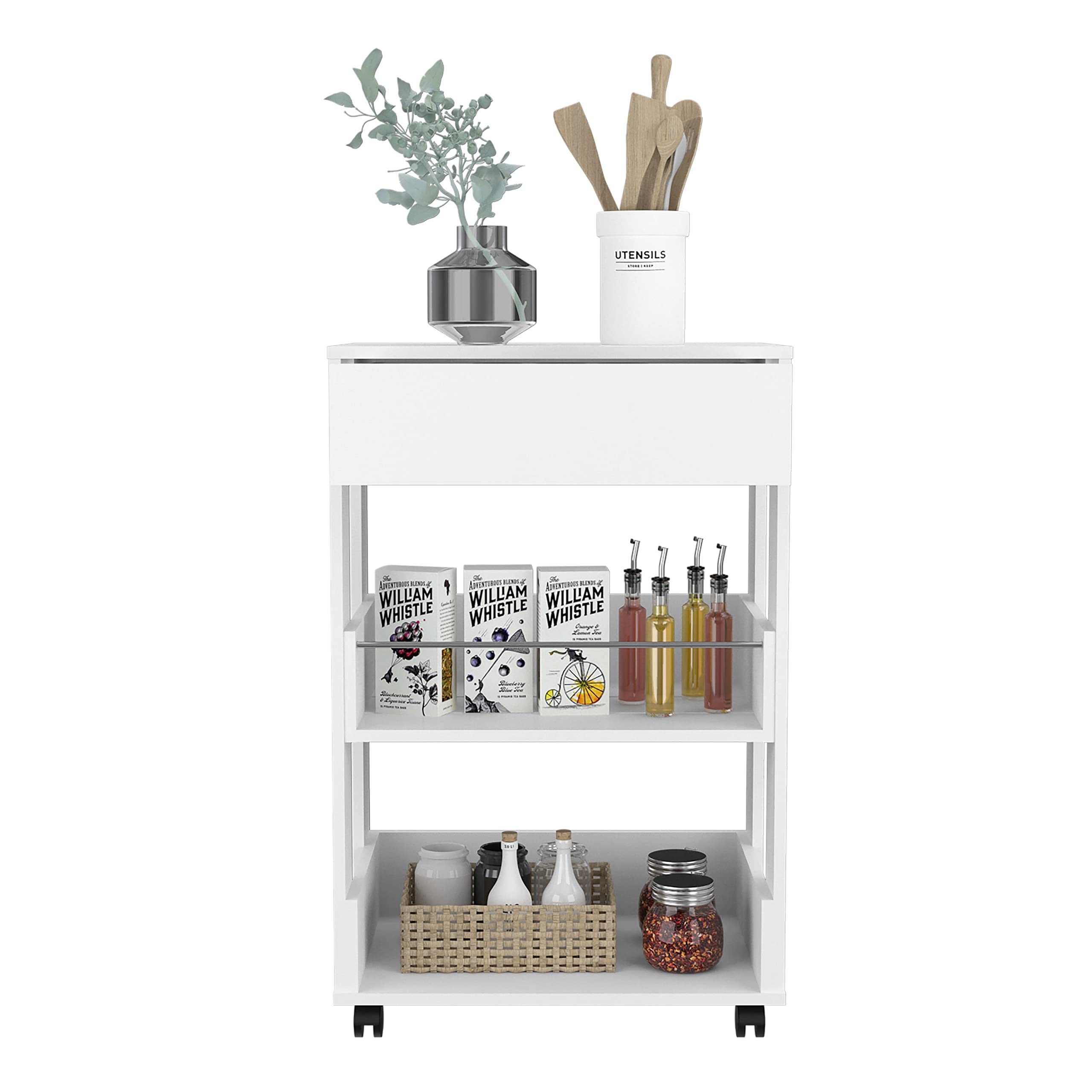 FM FURNITURE Dundee Kitchen Cart with Countertop, Drawer & 2 Open Shelves - White Kitchen Island for Small Spaces, Dining Room Storage & Food Prep Station