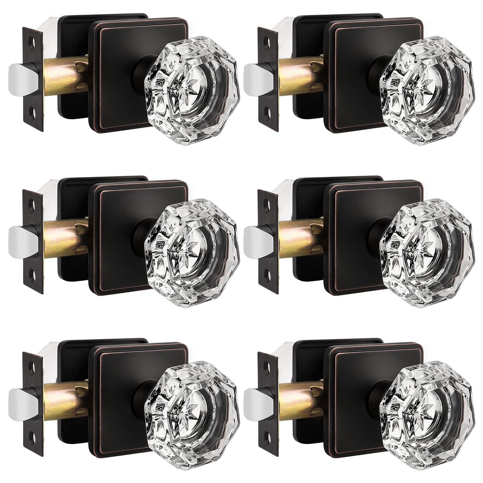 6 Pack Victorian Style Octagonal Crystal Glass Door Knobs - Oil Rubbed Bronze Finish with Rosette for Interior Hallways, Closets & Bedrooms | Durable Passage Function Hardware for Home & Office Doors