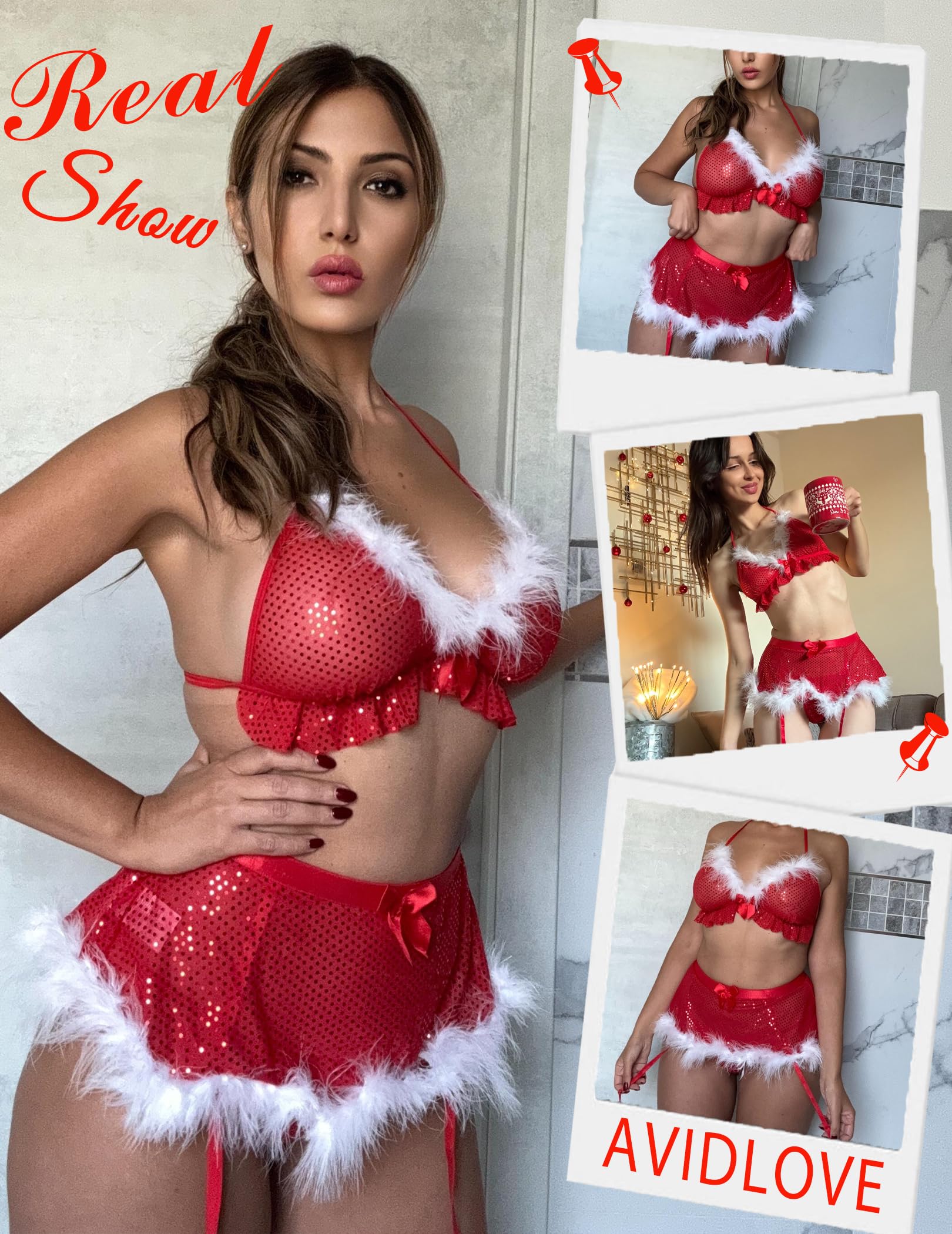 Avidlove Women's Christmas Lingerie Set - 3 Piece Lace Lingerie with Garter Belt (No Stockings) Sizes S-XXL | Sexy Mrs Santa Claus Costume for Holiday Party & Romantic Night