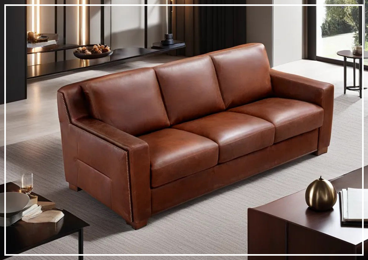 Kathy Ireland Alaves 3-Seater Brown Genuine Leather Queen Size Sleeper Sofa Bed - Convertible Couch for Living Room, Guest Room & Small Spaces