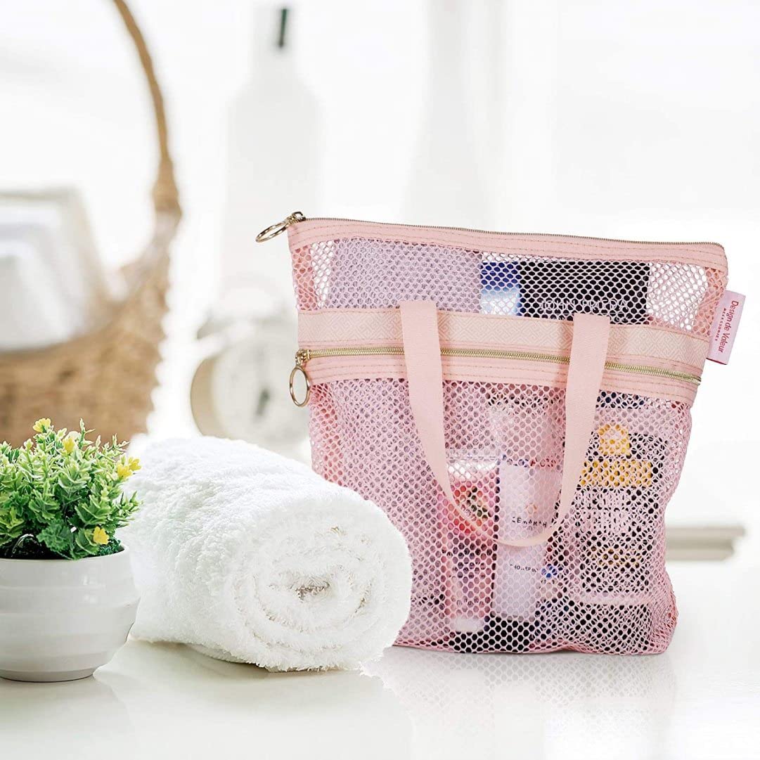 Quick-Dry Mesh Shower Caddy with Zipper & 2 Pockets - Lightweight Hanging Toiletry Organizer for Bathroom, College Dorm, Gym | Portable Travel Cosmetic Bag for Beach, Camping & Vacation (Pink)