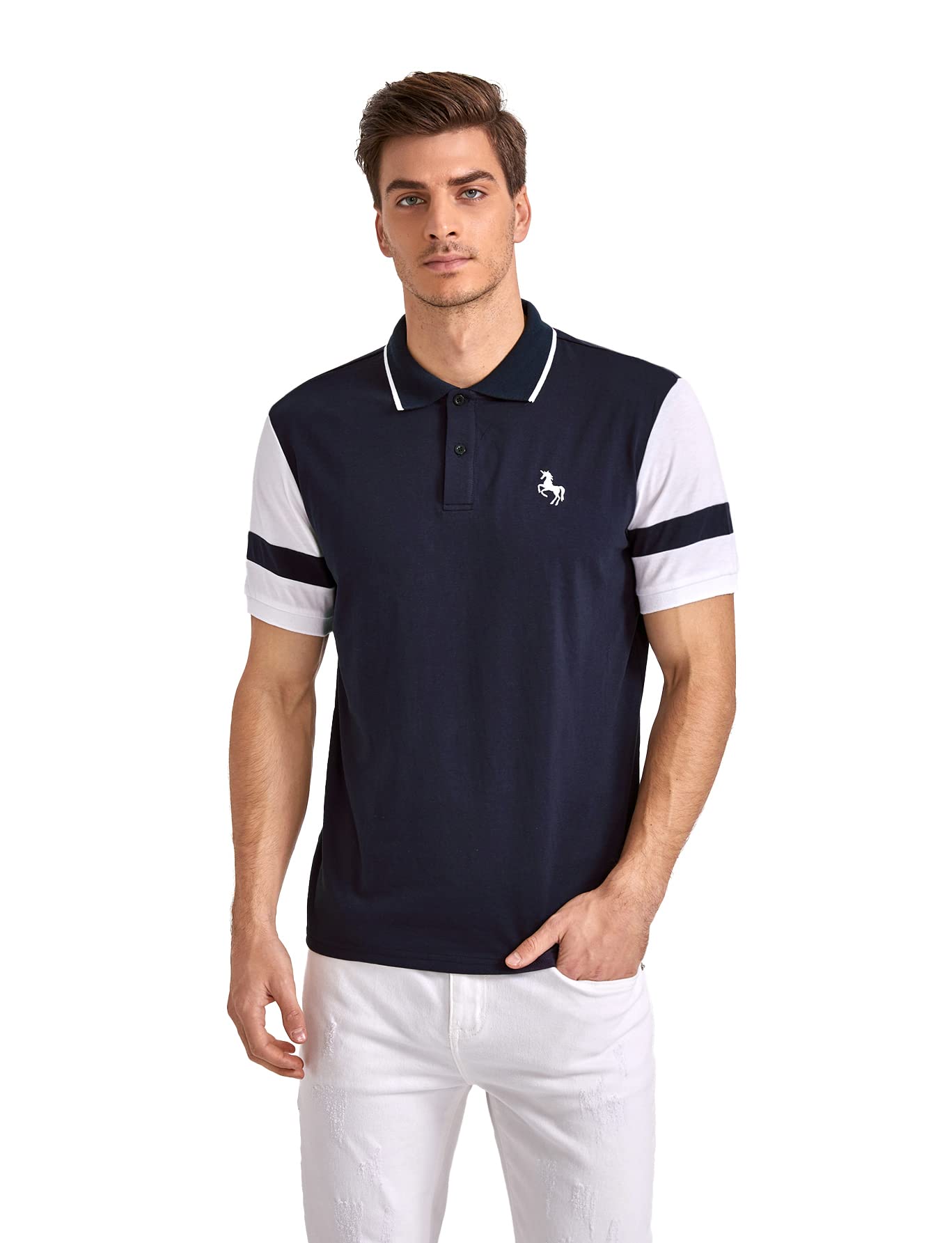 WDIRARA Men's Short Sleeve Polo Shirts - Color Block Design with Antler Embroidery - Breathable Work Shirt for Casual & Business Wear - Blue Red White - Perfect for Office, Golf & Outdoor Activities