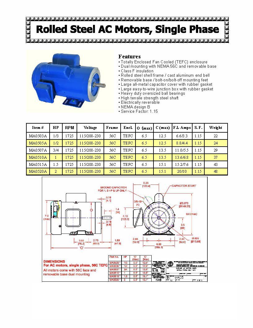 Hallmark Industries MA0505C 1/2 HP AC Motor - 1725 RPM, 115/208-230V, 1PH/60Hz, 56C/ODP Frame, Capacitor Start with Foot Mount - Steel Construction (SF 1.15) - Ideal for Pumps, Fans, and Light Industrial Equipment