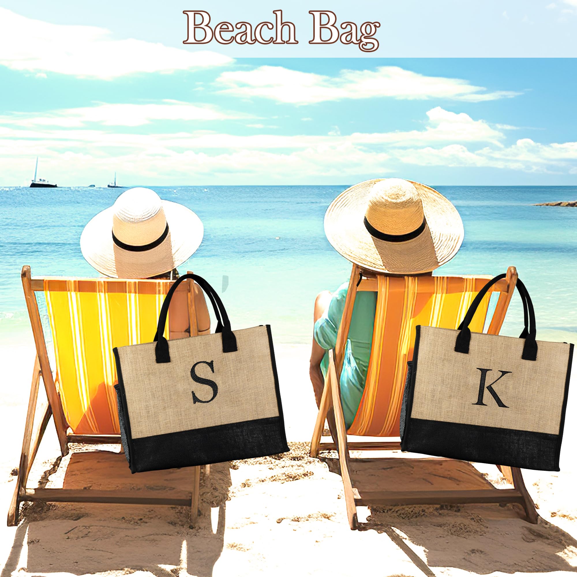 Personalized Jute Initial Tote Bag - Eco-Friendly Burlap Beach Bag for Women, Custom Monogrammed Teacher & Mom Gifts, Bridesmaid Present - Perfect for Beach Trips, Grocery Shopping & Everyday Use