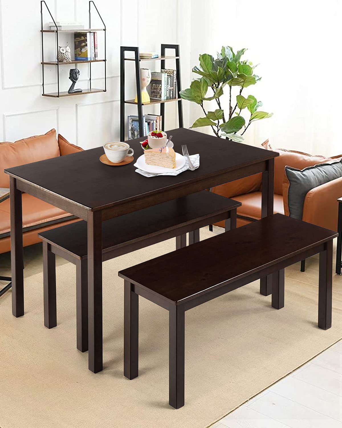 Modern 4-Piece Wooden Dining Table Set with Bench - Rectangular Kitchen & Dinette Furniture for Small Spaces - Perfect for Apartments, Breakfast Nooks & Cozy Dining Rooms (Brown)
