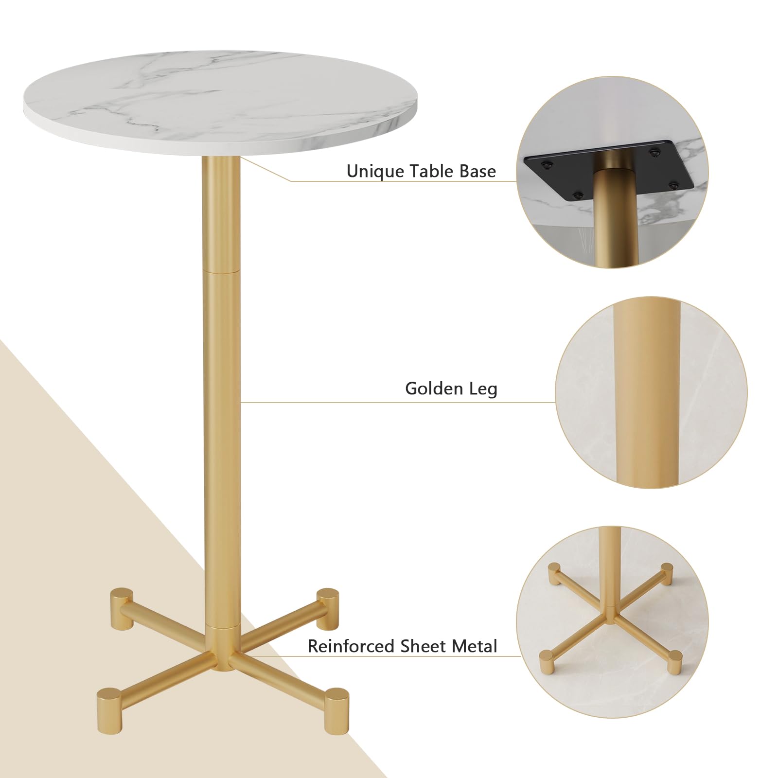 KithKasa 24 Inch Round Bar Table - Modern Pub Height Cocktail Table with White MDF Faux Marble Top & Gold Metal Base, 40
