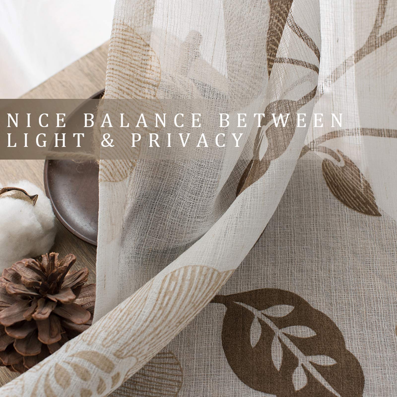 MRTREES Sheer Printed Voile Valance Curtains for Kitchen & Bathroom Windows - Modern Rod Pocket Window Treatment in White with Brown Floral Pattern (54