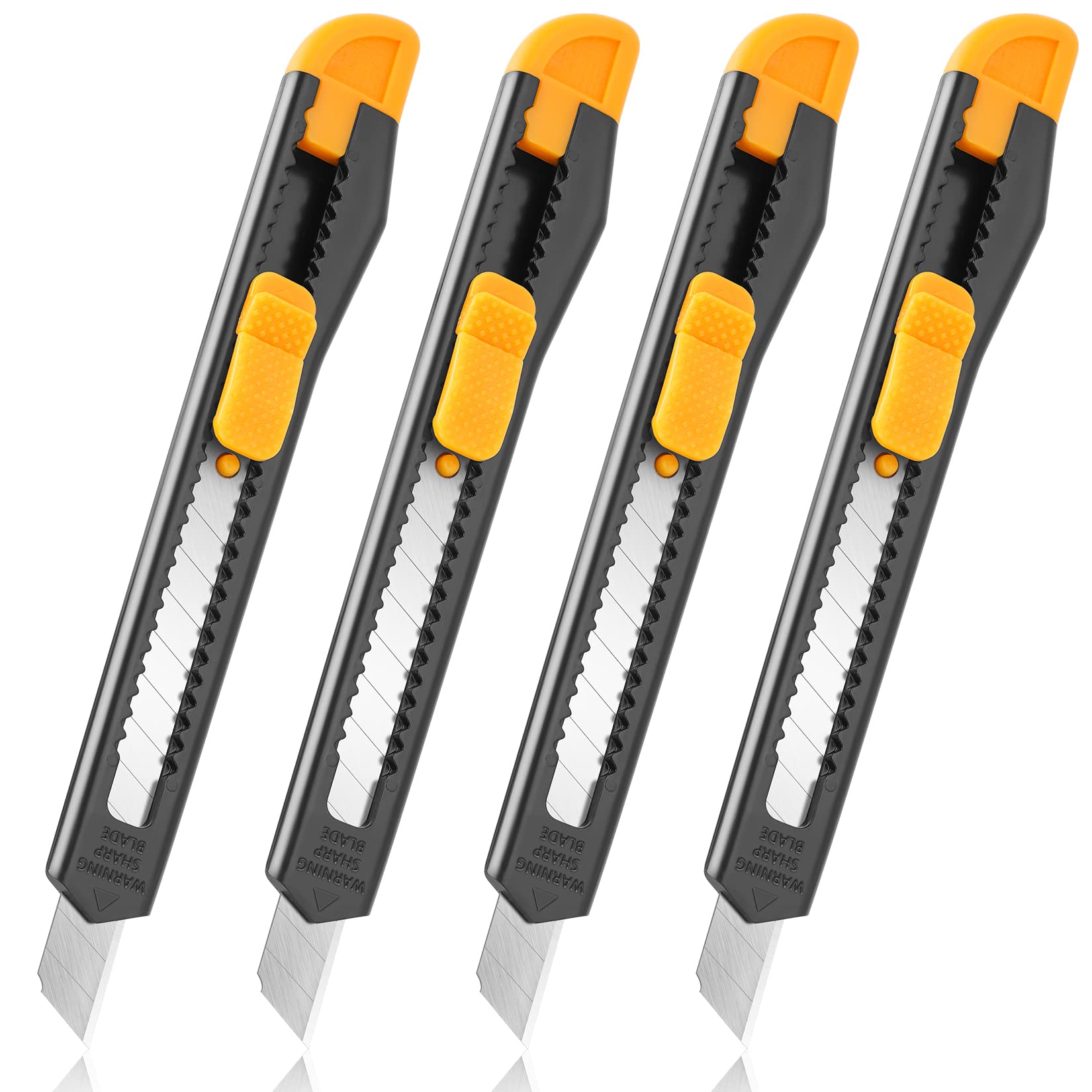 4 Pack Retractable Utility Knife with 9MM Snap-Off Blades - Heavy Duty Box Cutter for Cardboard, Wrapping, Packages - Exacto Knife for Office, Home, School, Warehouse & DIY Projects - Safe Razor Knife for Opening Boxes, Crafts & Shipping Supplies