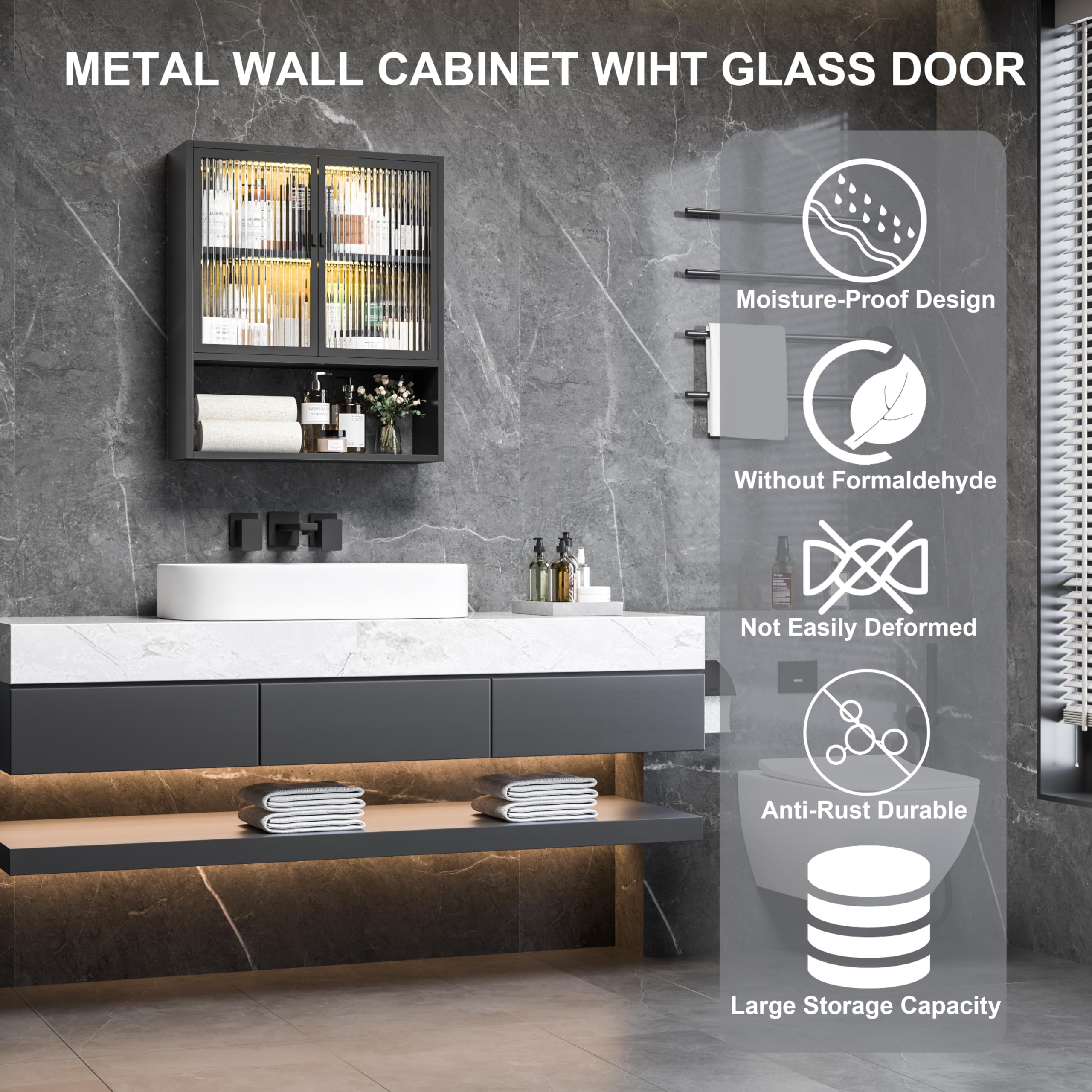 Black Metal Storage Cabinet with Glass Doors & Lights - Over The Toilet Wall Mounted Medicine Cabinet for Bathroom, Kitchen, Laundry Room - Perfect for Organizing Toiletries, Cleaning Supplies & Small Essentials