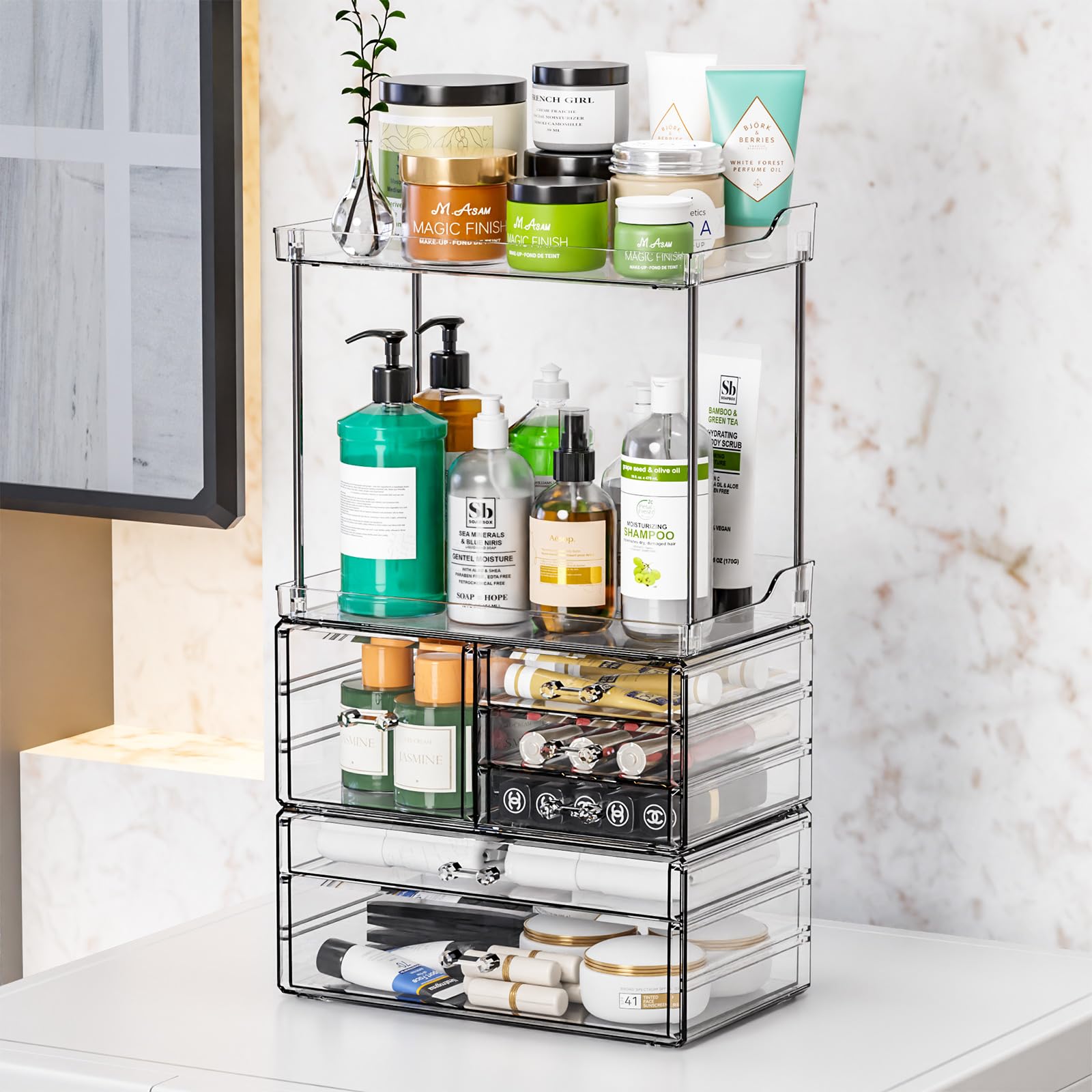 3-Tier 6-Drawer Clear Acrylic Bathroom Organizer Shelf - Stackable Makeup & Skincare Storage for Cosmetics, Lotions, Beauty Products - Perfect for Vanity, Countertop, Bedroom or Bathroom Organization (18.9