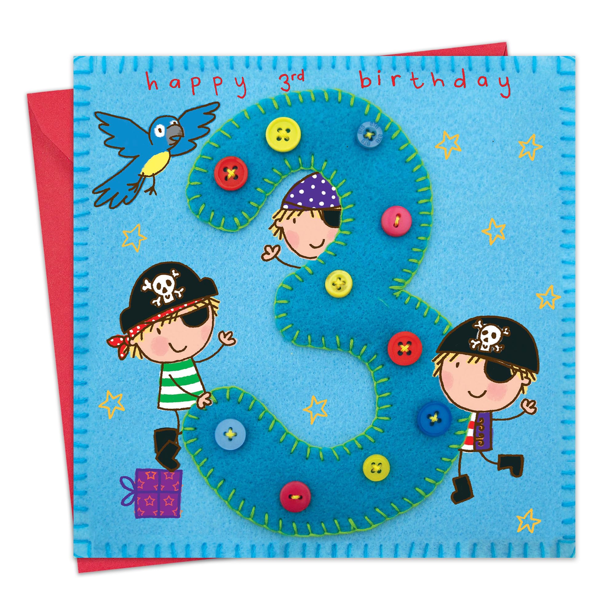 Twizler Pirate & Parrot 3rd Birthday Card for Boys - Age 3 Children's Birthday Greeting Card - Perfect for Pirate Themed Parties & Toddler Celebrations