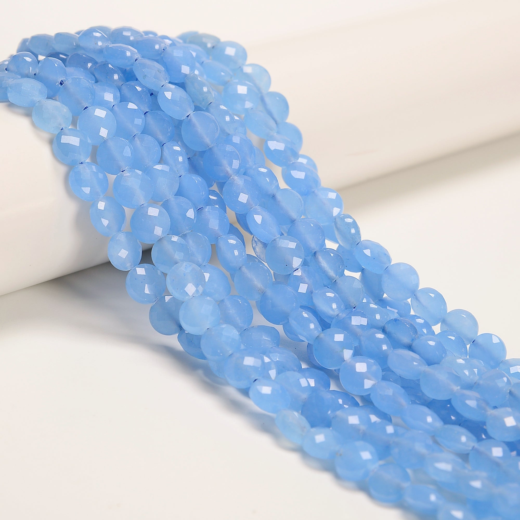 8mm Light Blue Dyed Jade Faceted Coin Beads - 15.5 Inch Strand for Jewelry Making, DIY Bracelets & Necklaces