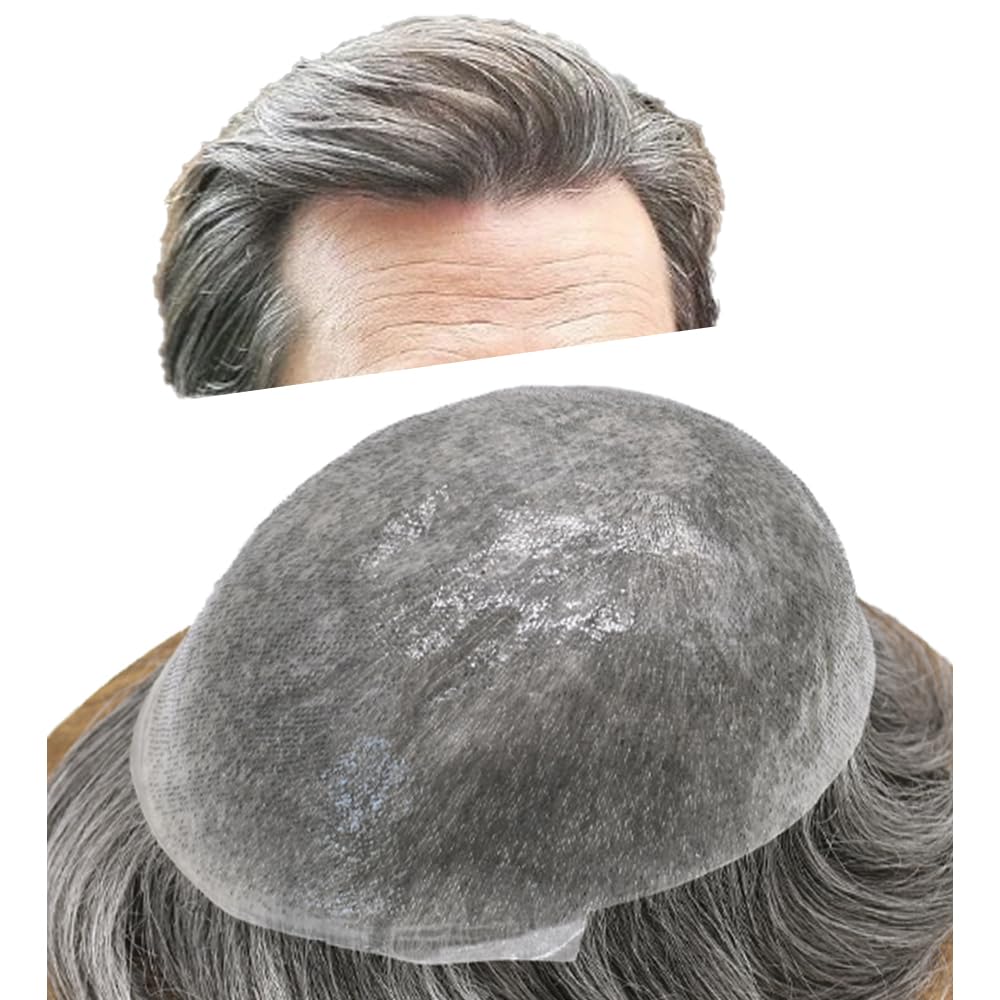 Ultra Thin Skin Toupee for Men - 8x10 Human Hair Toupee System, V-Looped Hairpiece for Hair Replacement, 90% Light Density #1B65 (1B Off Black + 65% Grey) - Natural Looking Hair Prosthesis for Daily Wear & Special Occasions