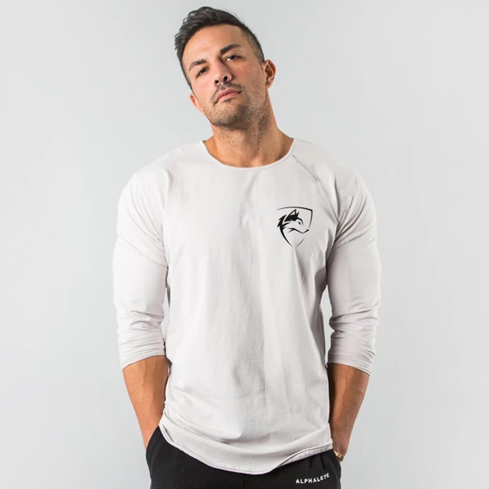 Men's Black Long Sleeve Cotton T-Shirt - Slim Fit Casual & Gym Workout Top - Breathable Running Shirt for Autumn - Printed Brand Tee for Fitness & Daily Wear