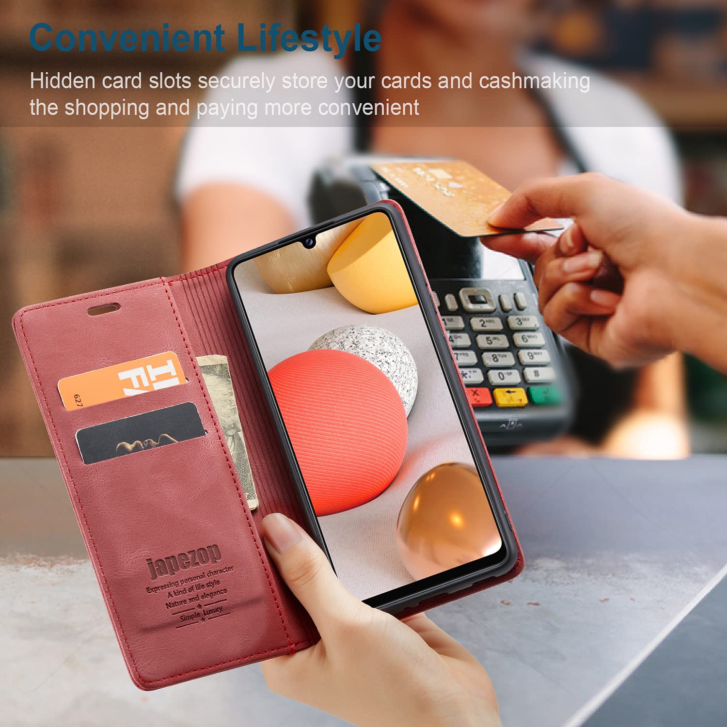 Samsung Galaxy A42 5G Leather Wallet Case with RFID Blocking, Card Holder & Kickstand - Magnetic Flip Cover for 6.6 Inch Phone (Red) - Perfect for Travel, Work & Everyday Protection