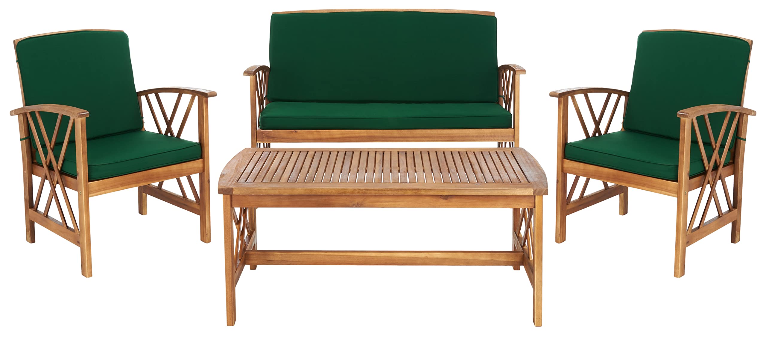 SAFAVIEH Outdoor Collection Fontana 4-Piece Patio Set with Natural/Green Cushions - Perfect for Garden, Backyard, and Poolside Conversation Areas